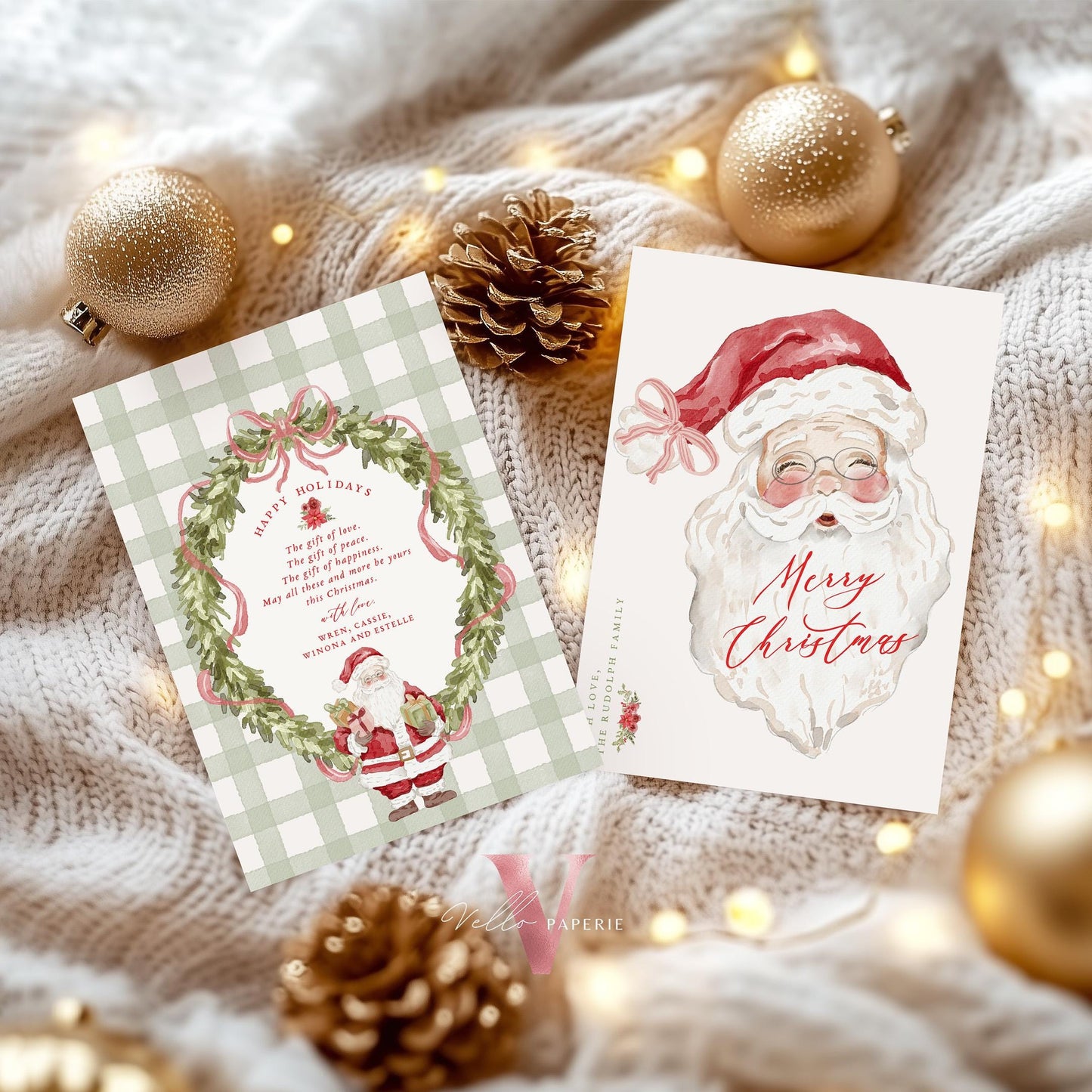 Editable Printable Grandmillenial Christmas Greetings Card | Watercolor Merry Christmas Card Template | Santa and Wreath Holiday Card BCPF1