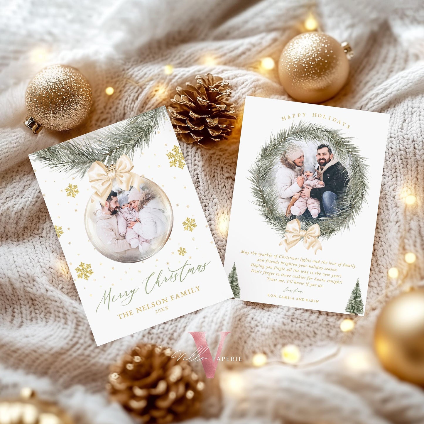 Printable 2Side Modern Photo Christmas Card Template | Neutral Beige Gold Photo Holiday Card | Botanical Christmas Bauble Winter Photo PCC12