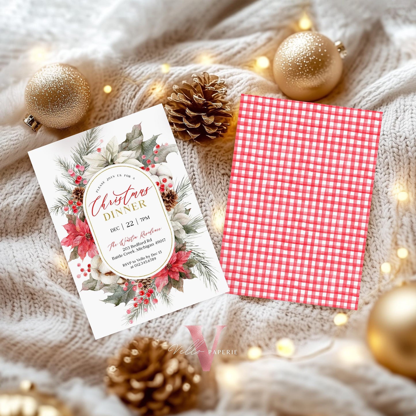 Classic Floral Christmas Dinner Invitation | Neutral Christmas Open House Invite | Modern or Rustic Red Winter Flower Friendsmas Party CHP01