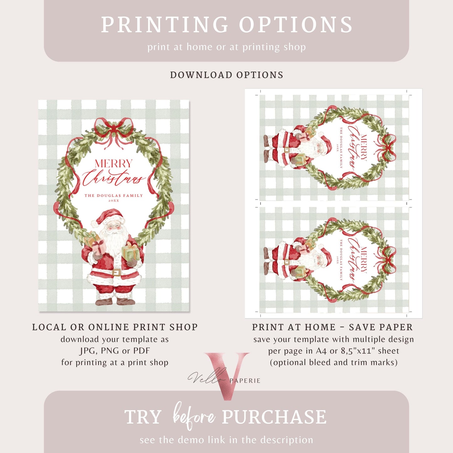 Editable Printable Grandmillenial Christmas Greetings Card | Watercolor Merry Christmas Card Template | Santa and Wreath Holiday Card BCPF1