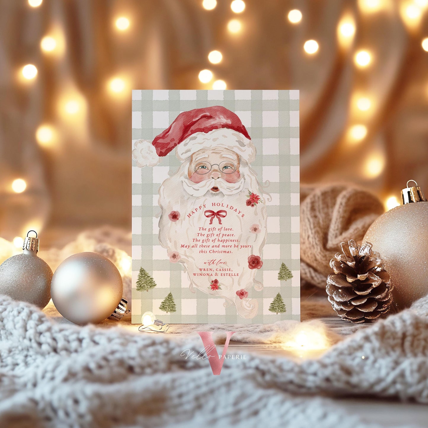 Editable Printable Grandmillenial Christmas Greetings Card | Watercolor Merry Christmas Card Template | Santa and Wreath Holiday Card BCPF1
