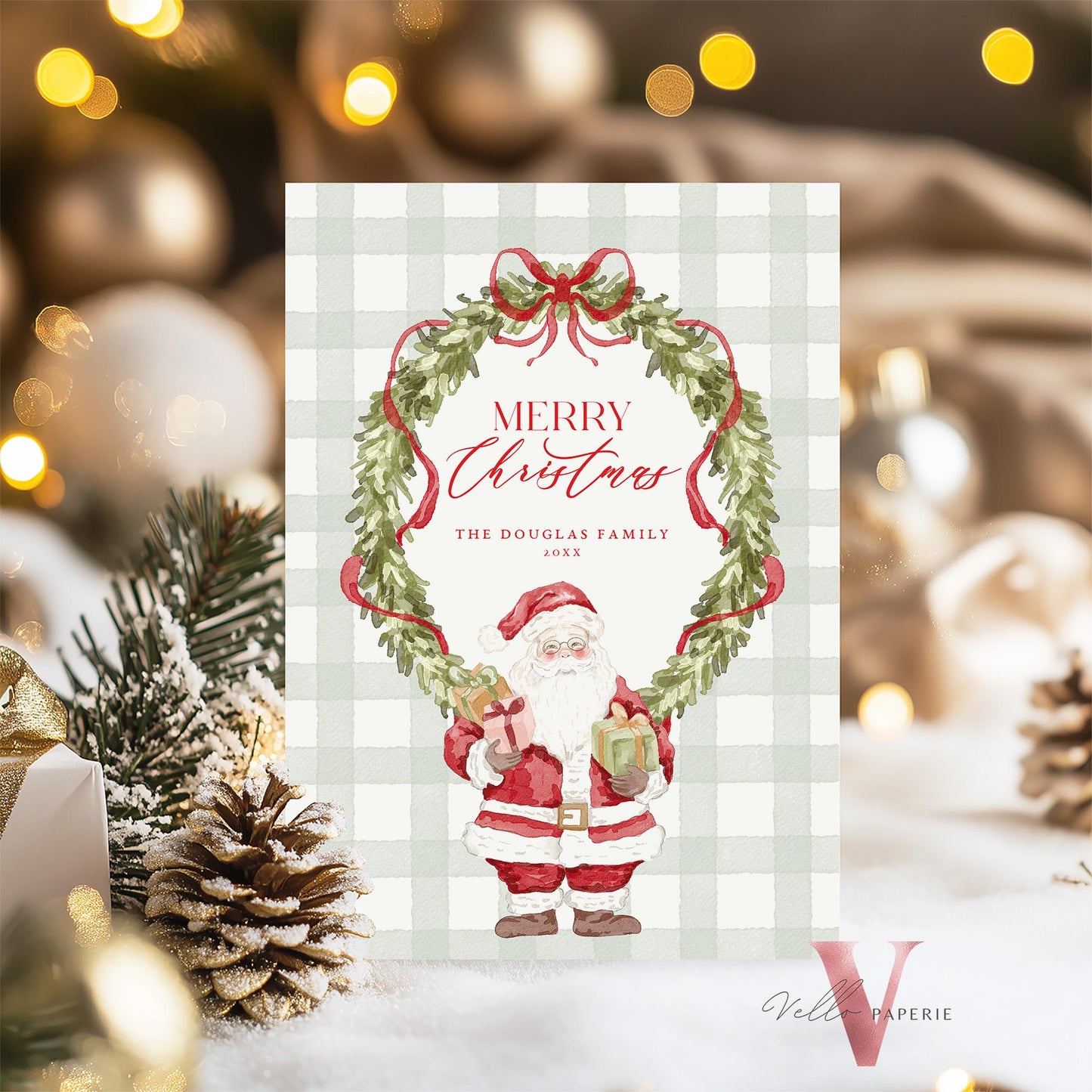 Editable Printable Grandmillenial Christmas Greetings Card | Watercolor Merry Christmas Card Template | Santa and Wreath Holiday Card BCPF1