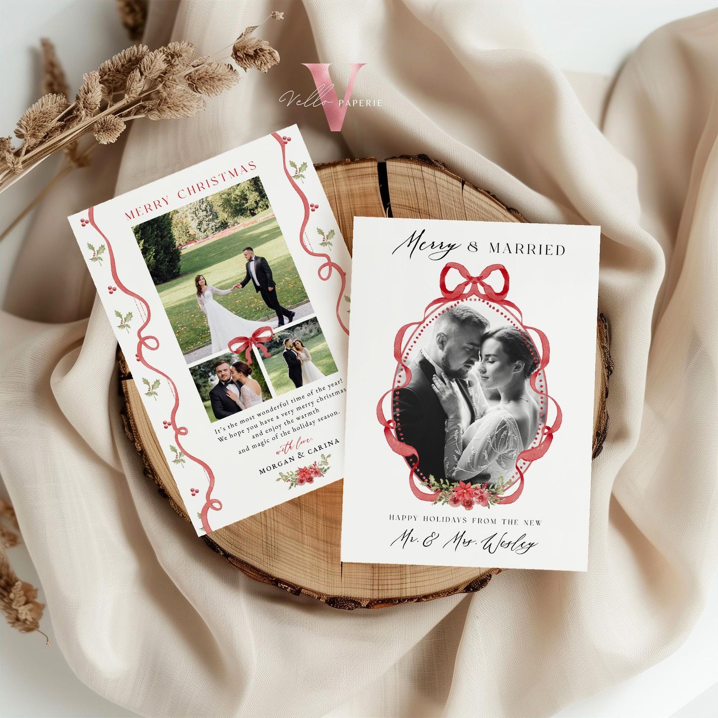 Merry and Married Christmas Photo Card | Newlywed Holiday Card | Red Bow Minimalist Christmas Photo Card | Merry and Bright Couple MMC12