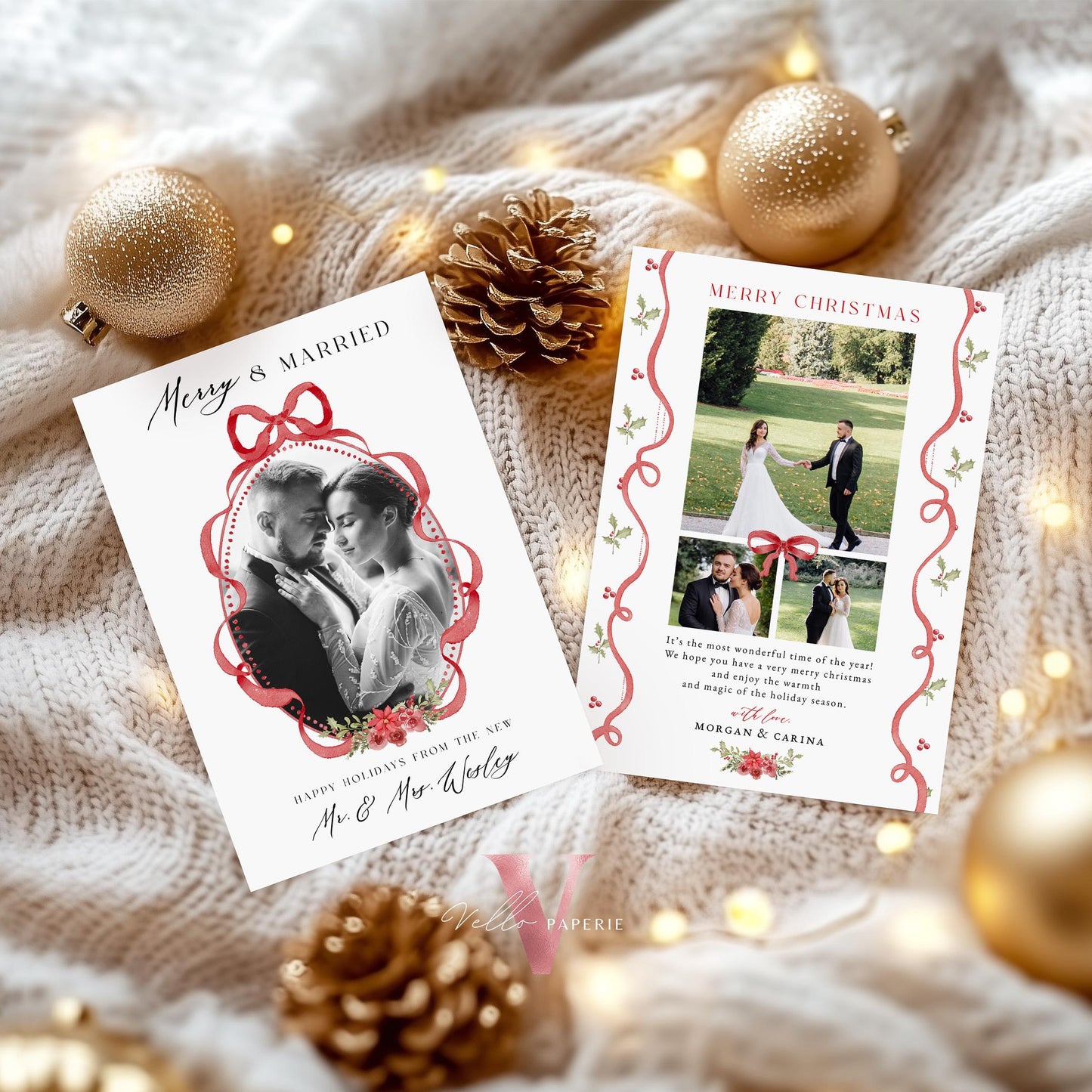 Merry and Married Christmas Photo Card | Newlywed Holiday Card | Red Bow Minimalist Christmas Photo Card | Merry and Bright Couple MMC12