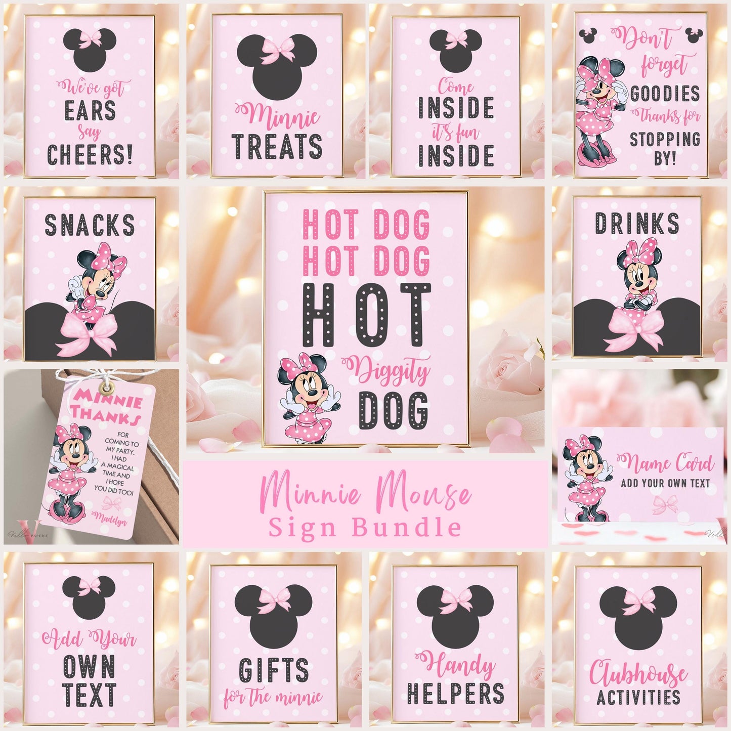 Editable Any Age Minnie Mouse Birthday Table Sign SET | Light Pink Polkadot Minnie Party Decor Sign | Kid Minnie Pink Birthday Sign MMB01