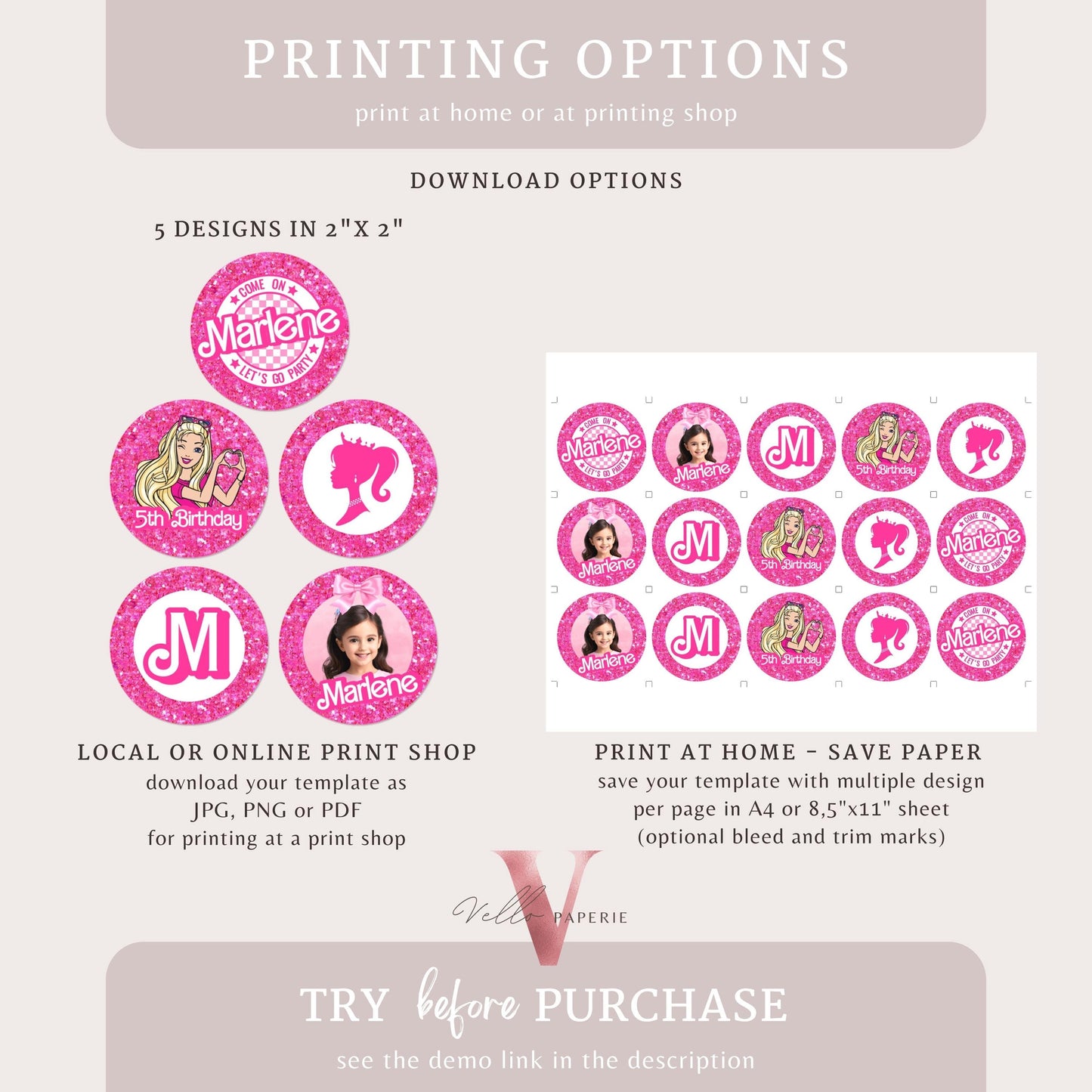 Editable Printable Photo Pink Doll Birthday Cupcake Topper | Sparkle Hot Pink Party Cake Decor | Come On Lets Go Party Favors Topper HPD02
