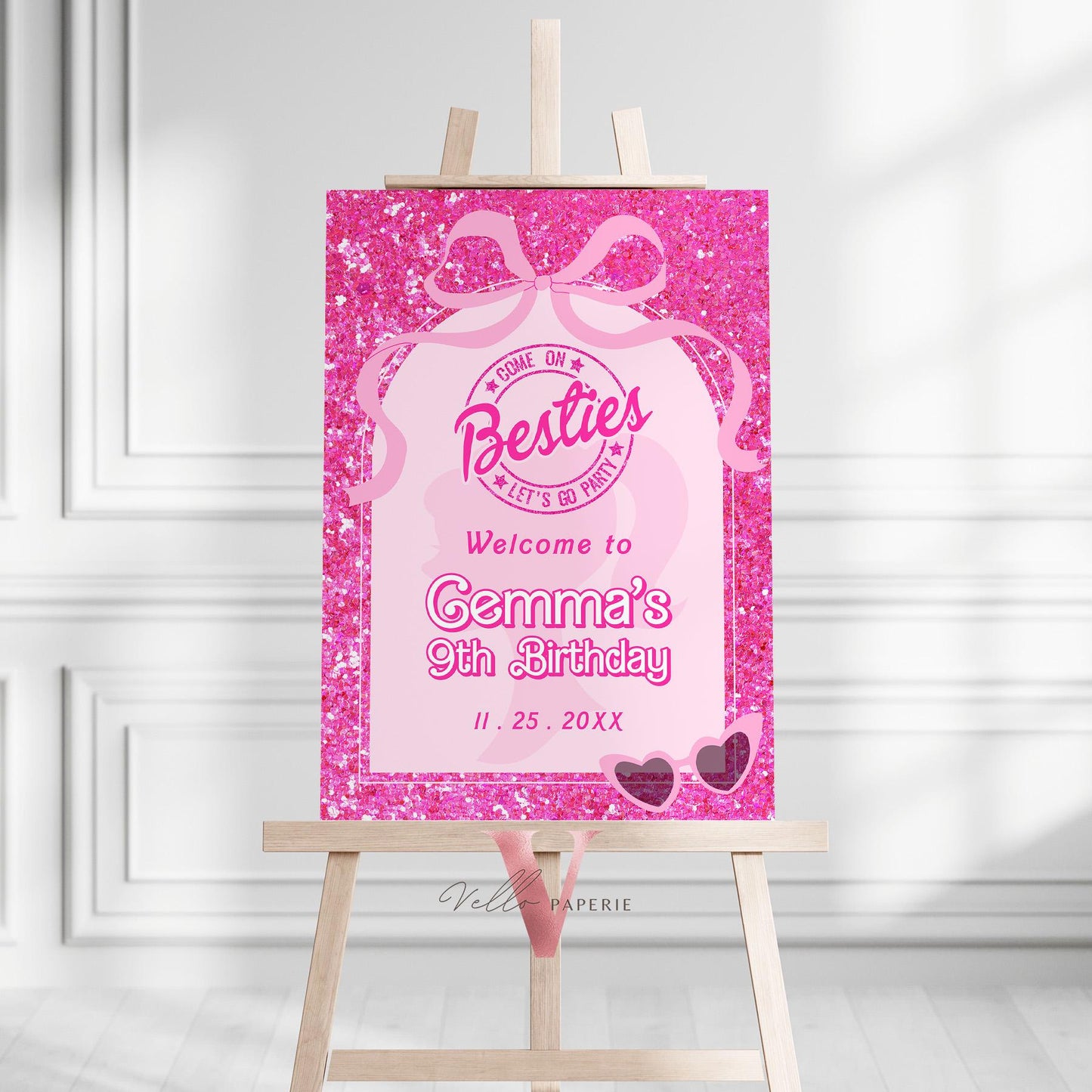 Editable "Besties" Glam Pink Fashion Doll Birthday Welcome Sign | Cute Fashion Party Decor | Pink Doll Glitter Come On Lets Go Party HPD03