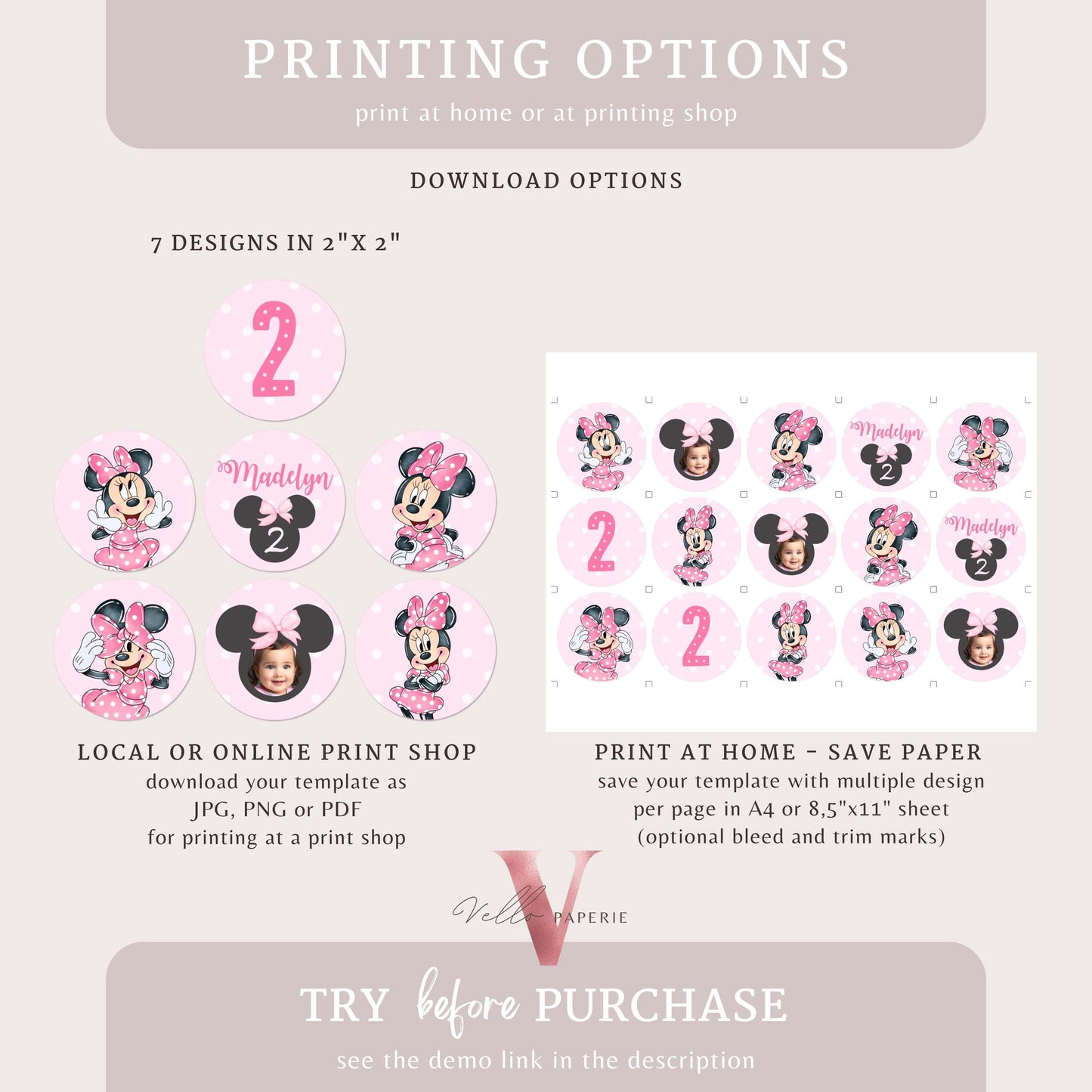 Editable Any Age Minnie Mouse Birthday Cupcake Topper | Light Pink Polkadot Minnie Cake Decor | Kid Minnie Pink Birthday Party Favor MMB01