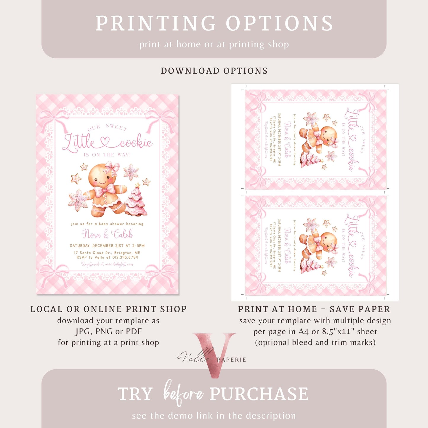 Little Cookie on the way Shower Invite | Winter Girl Gingerbread Baby Shower Invitation | Pink Gingerbread Christmas Season Gingham CWBS01