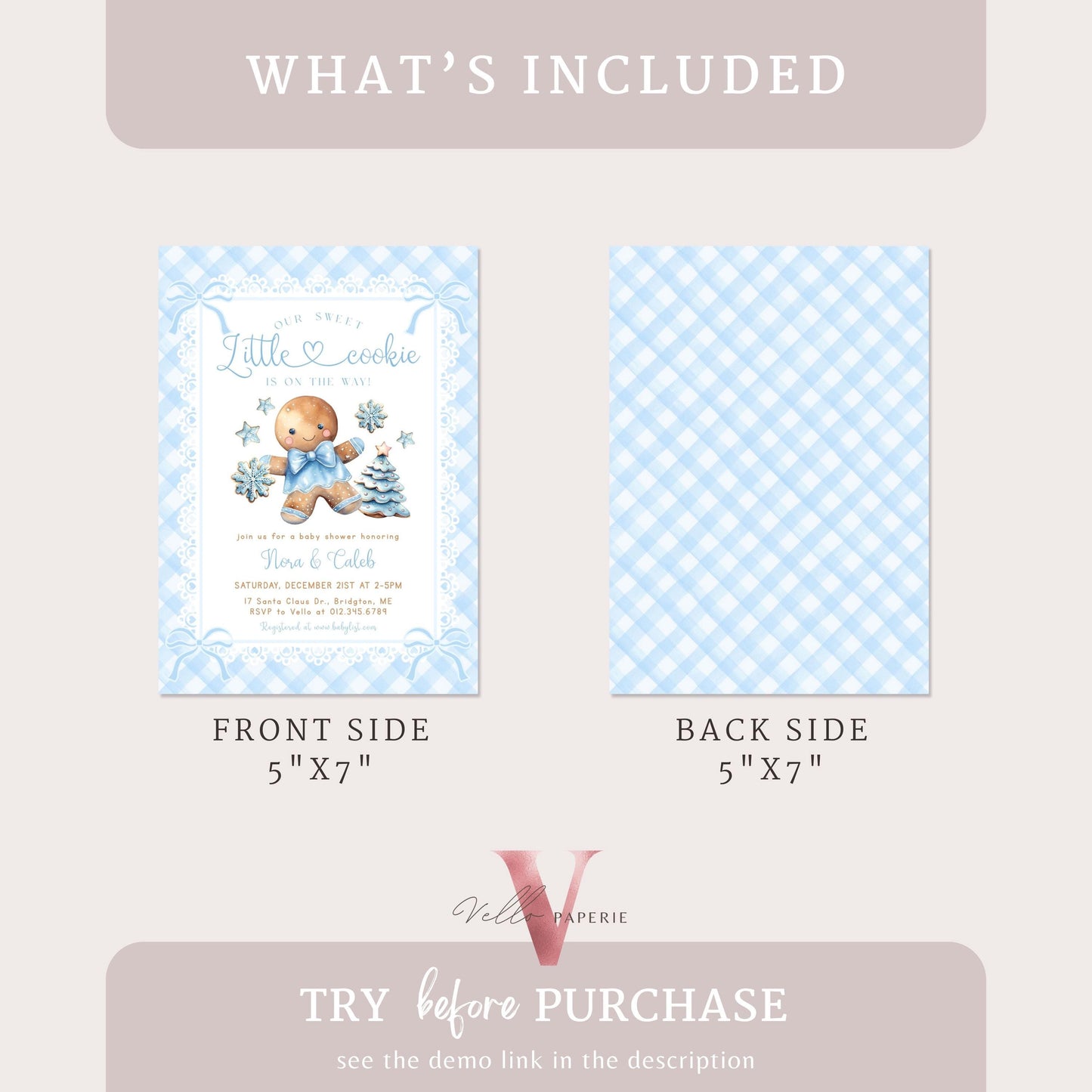 Little Cookie on the way Shower Invite | Winter Boy Gingerbread Baby Shower Invitation | Blue Gingerbread Christmas Season Gingham CWBS01
