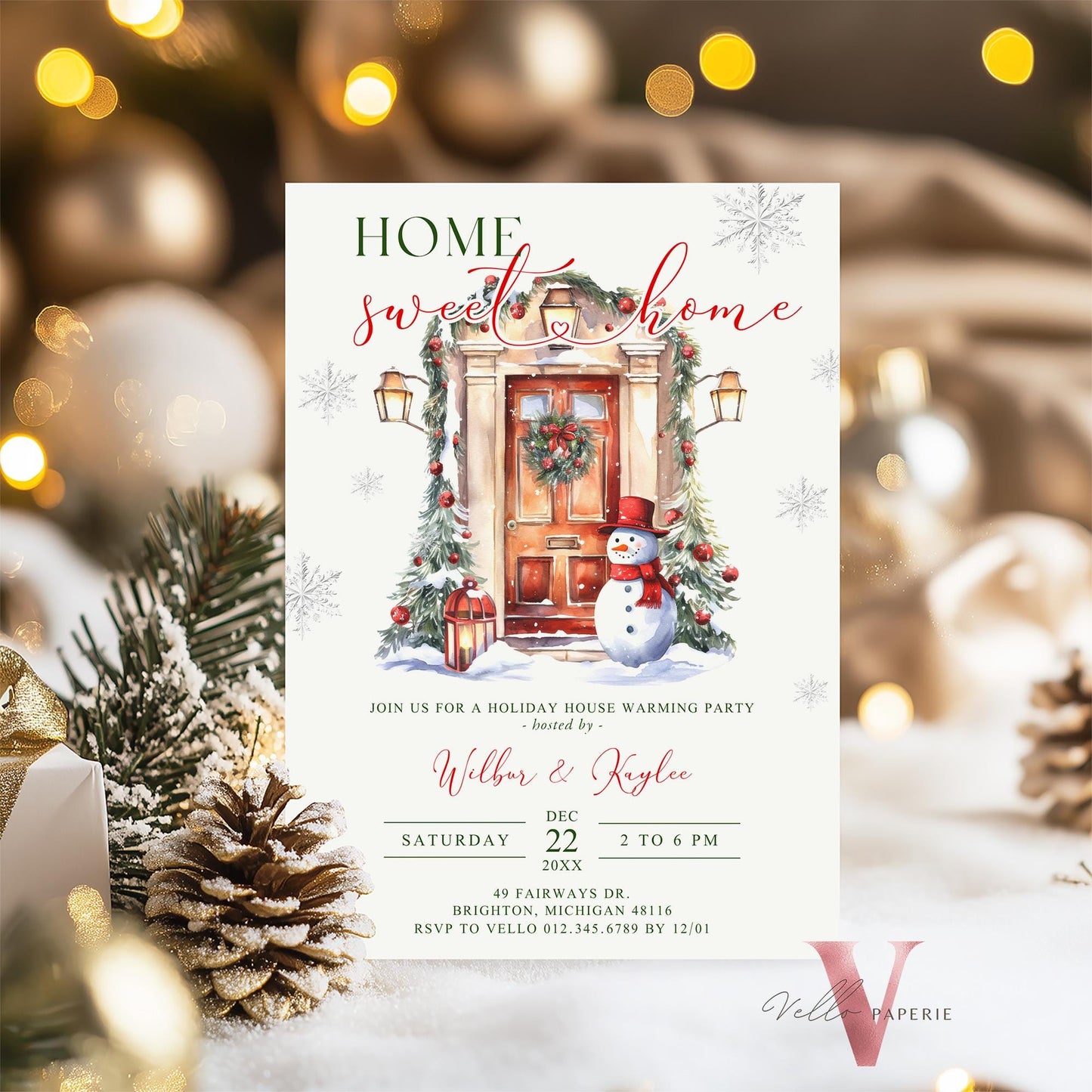 Winter House Warming Invitation | Neutral Red Green Home Sweet Home Party Invite | Modern or Rustic New House Celebration Christmas WHW01