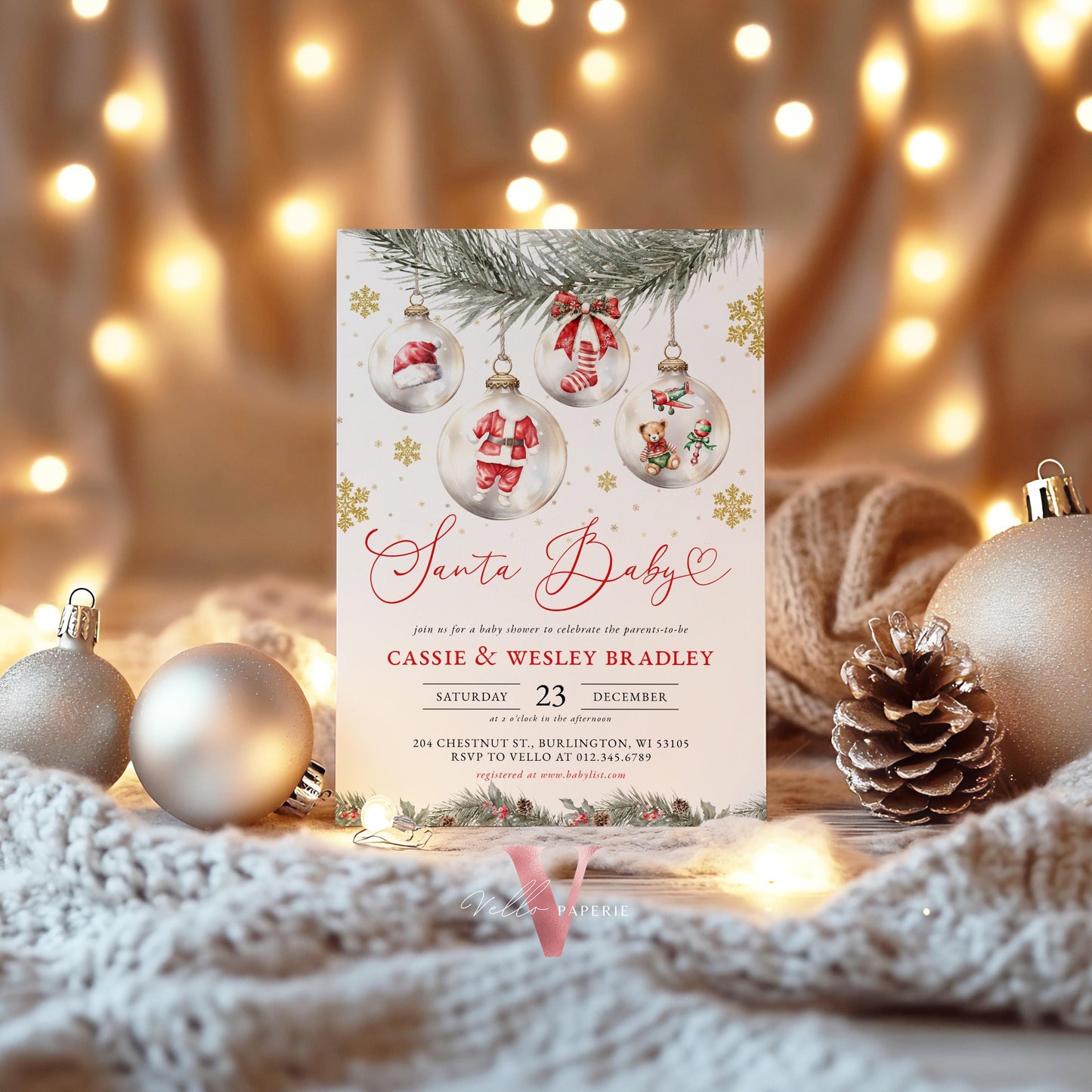 Editable Santa Baby Shower Invitation | Winter Gender Neutral Snowflake Baby Invite | Modern Boy Girl Christmas Baubles Baby Shower CWBS01