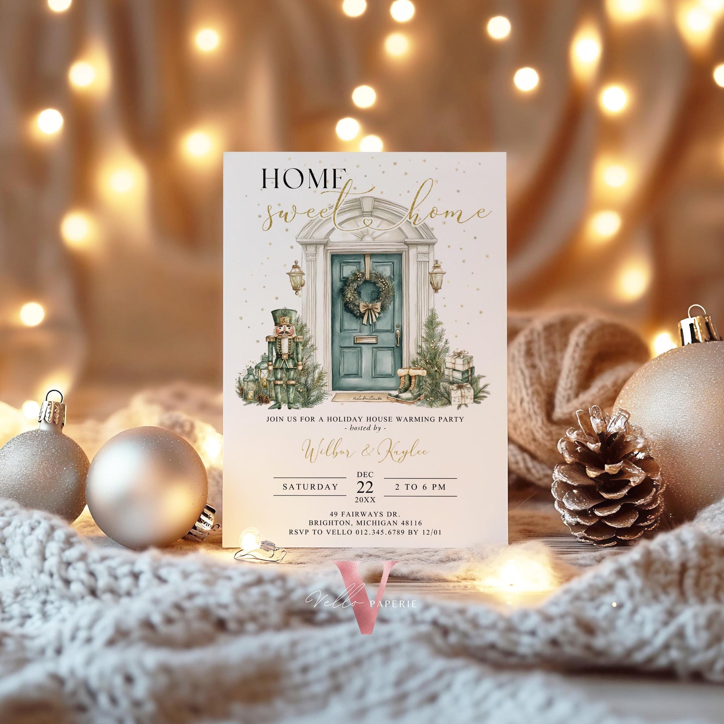 Winter House Warming Invitation | Neutral Gold Mint Home Sweet Home Party Invite | Modern or Rustic New House Celebration Christmas WHW01