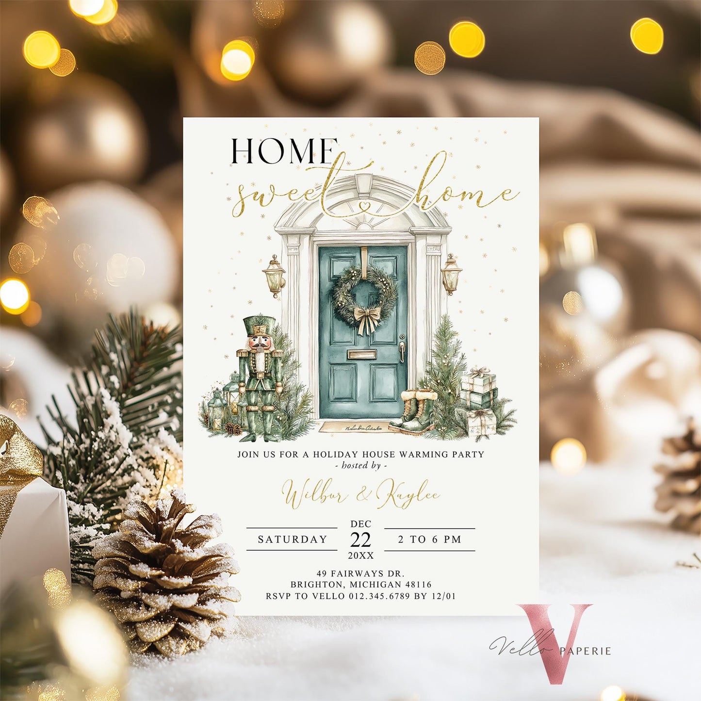 Winter House Warming Invitation | Neutral Gold Mint Home Sweet Home Party Invite | Modern or Rustic New House Celebration Christmas WHW01