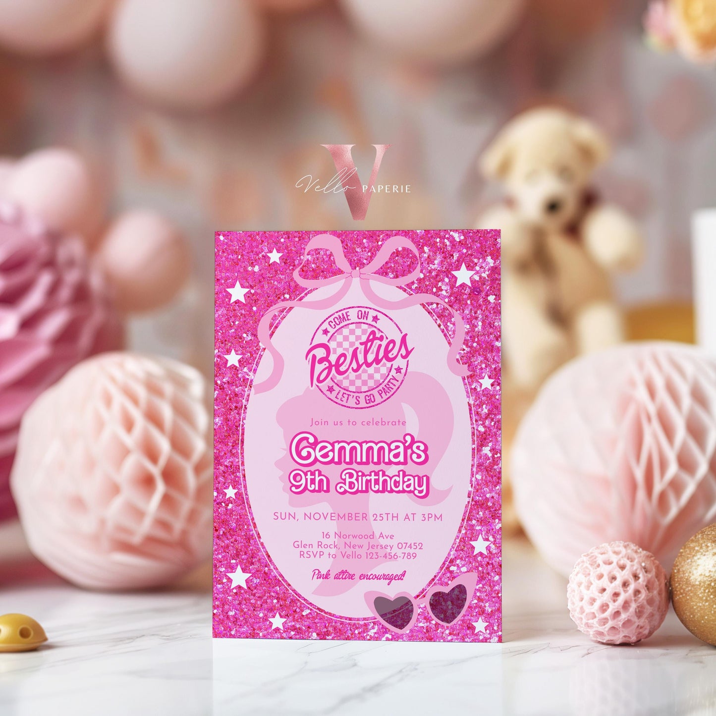 Editable Fashion Pink Doll Sparkle Birthday Invitation | Pink Doll Glitter | Any Age Pink Princess Silhoutte Party Invite Instant Template
