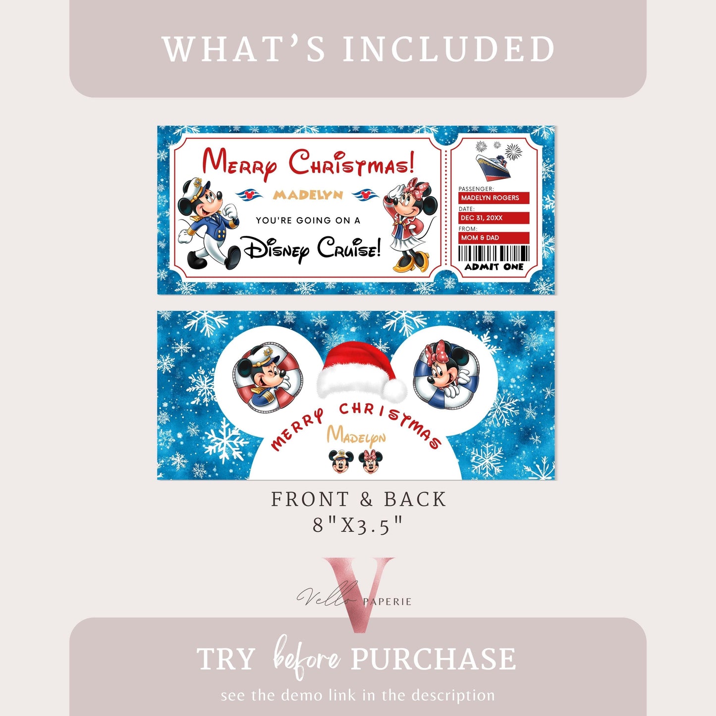 Editable Printable Christmas Disney Cruise Ticket | Disney Cruise Surprise Reveal Ticket | Disney Trip Ticket, Christmas Gift DST12
