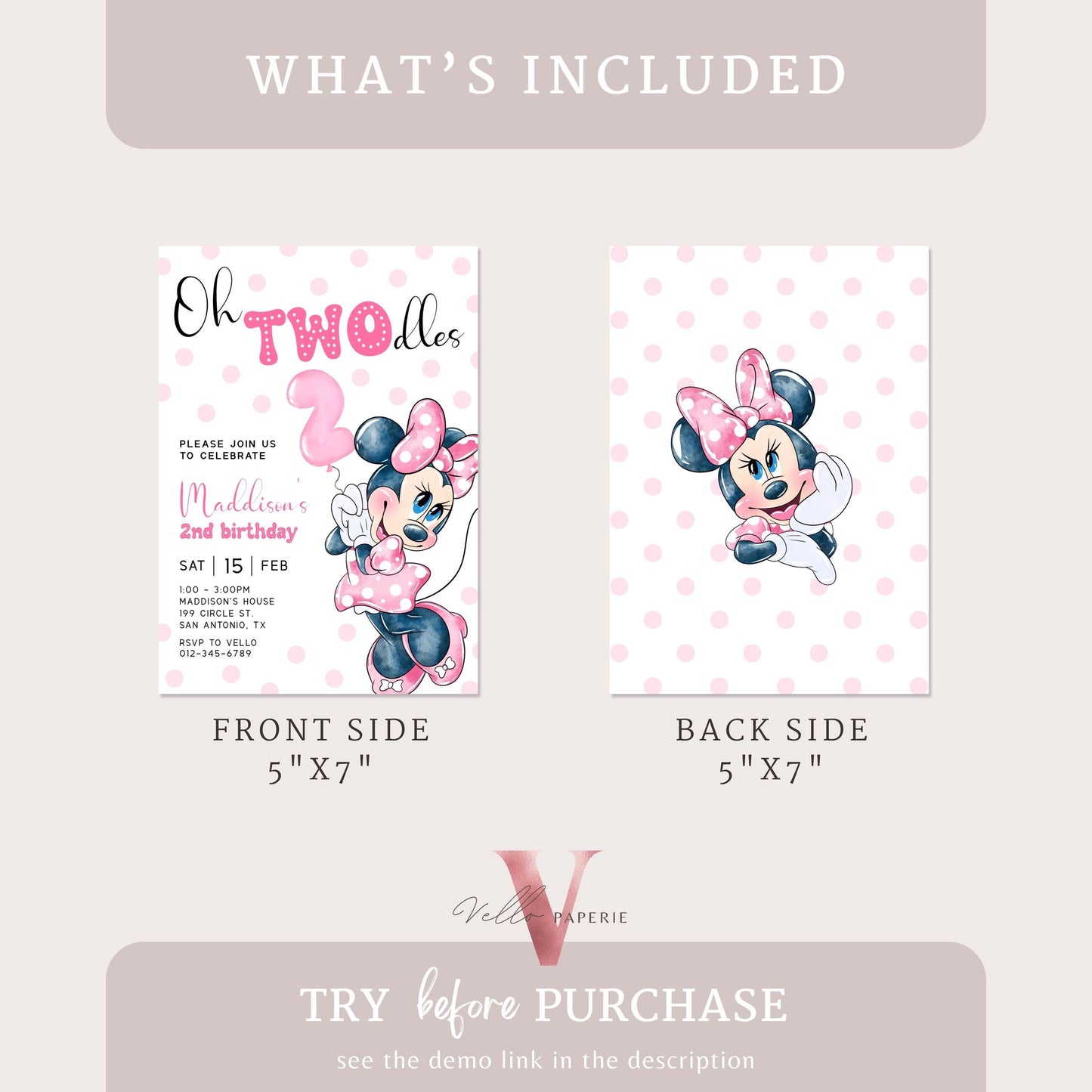 2nd Birthday, Oh TWOdles Minnie Mouse Birthday Invitation | Light Pink Polka Dot Invite 2year old Girl | Second Birthday MMB04