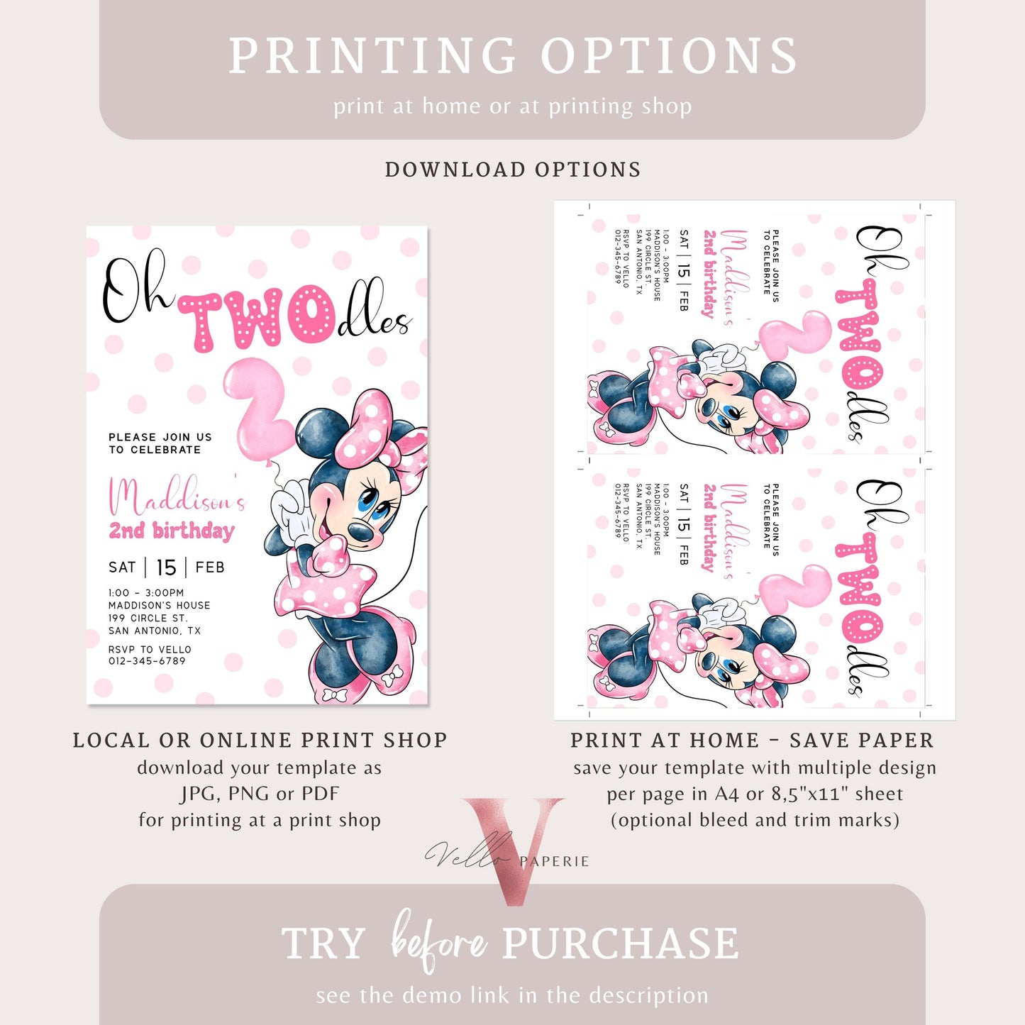 2nd Birthday, Oh TWOdles Minnie Mouse Birthday Invitation | Light Pink Polka Dot Invite 2year old Girl | Second Birthday MMB04