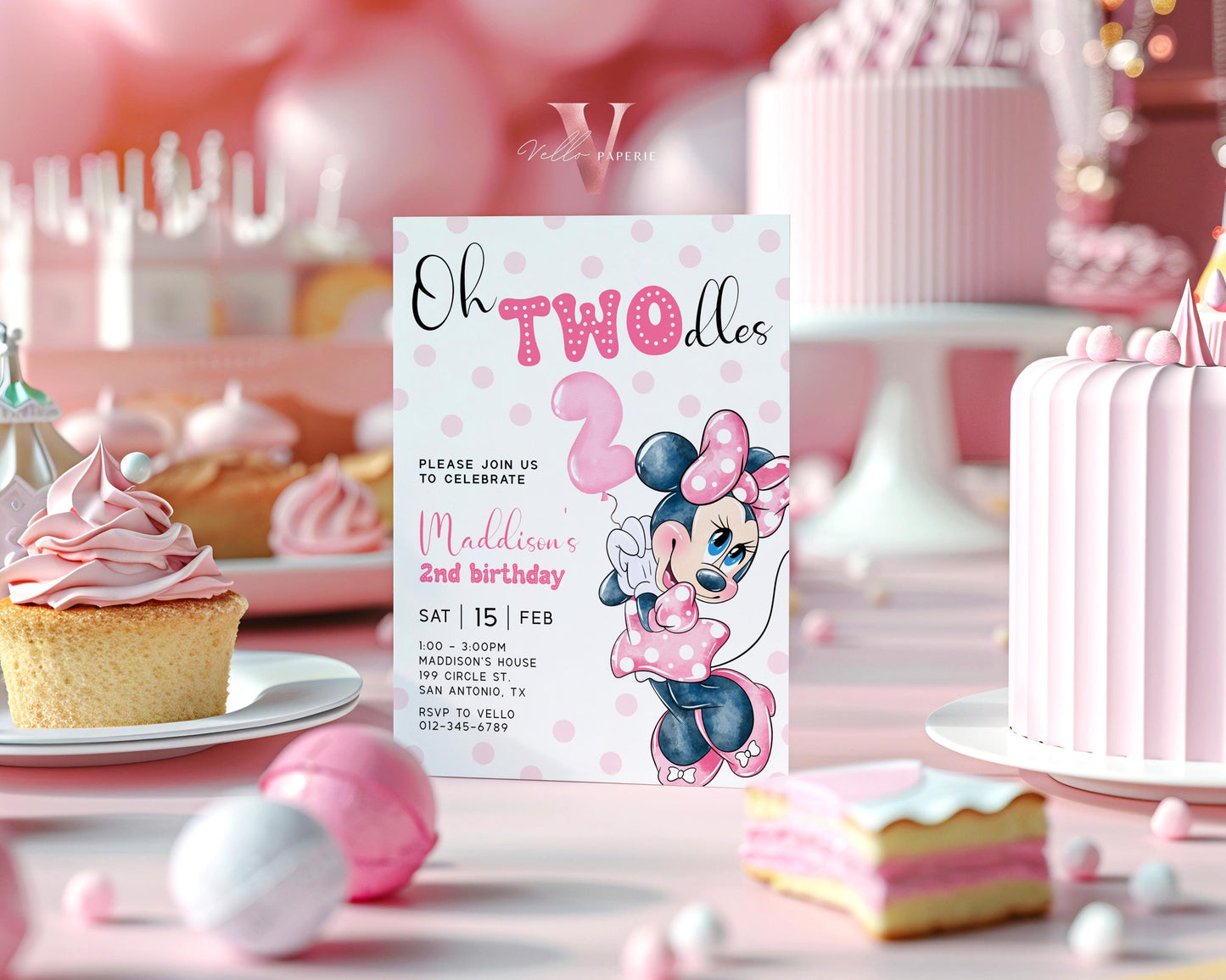 2nd Birthday, Oh TWOdles Minnie Mouse Birthday Invitation | Light Pink Polka Dot Invite 2year old Girl | Second Birthday MMB04