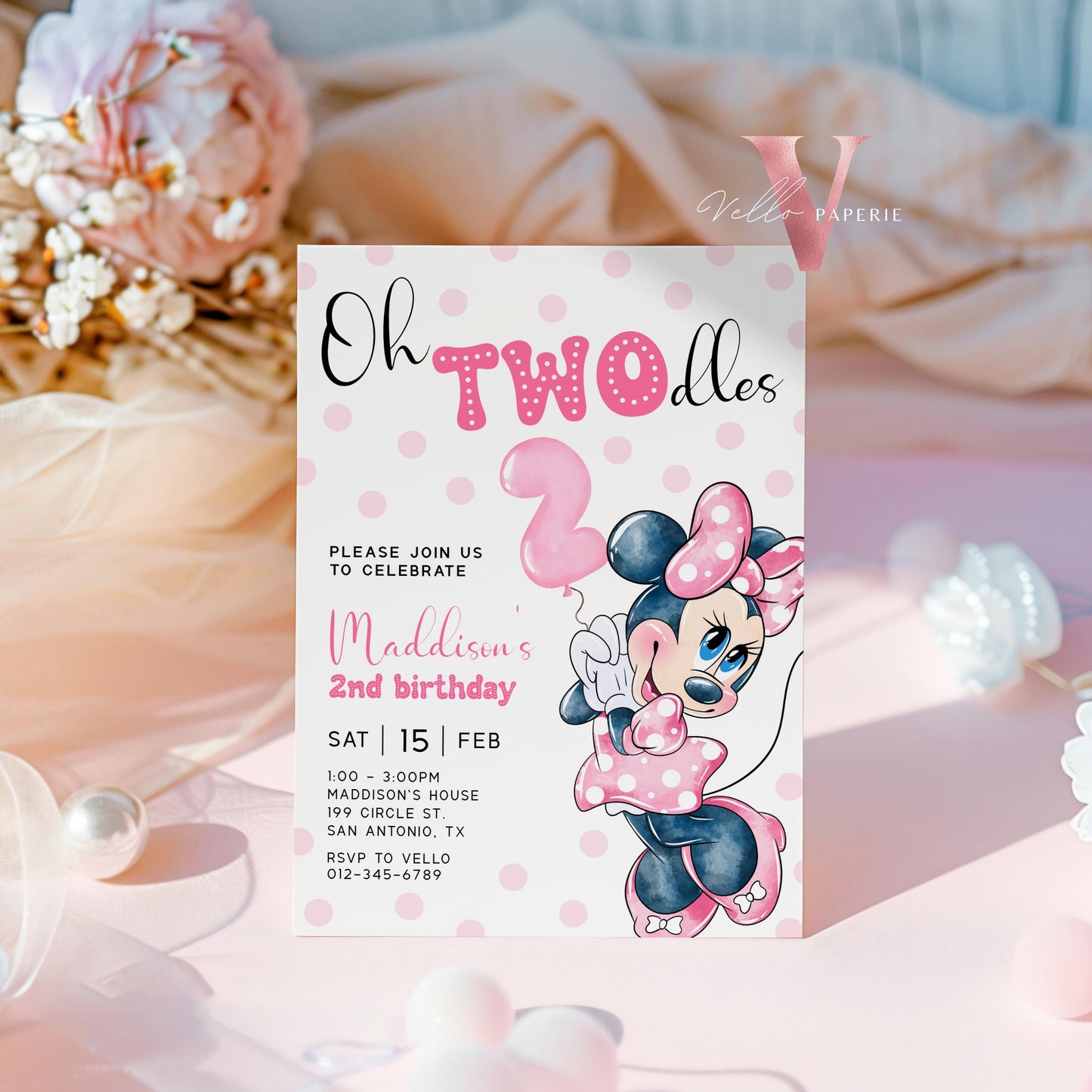 2nd Birthday, Oh TWOdles Minnie Mouse Birthday Invitation | Light Pink Polka Dot Invite 2year old Girl | Second Birthday MMB04
