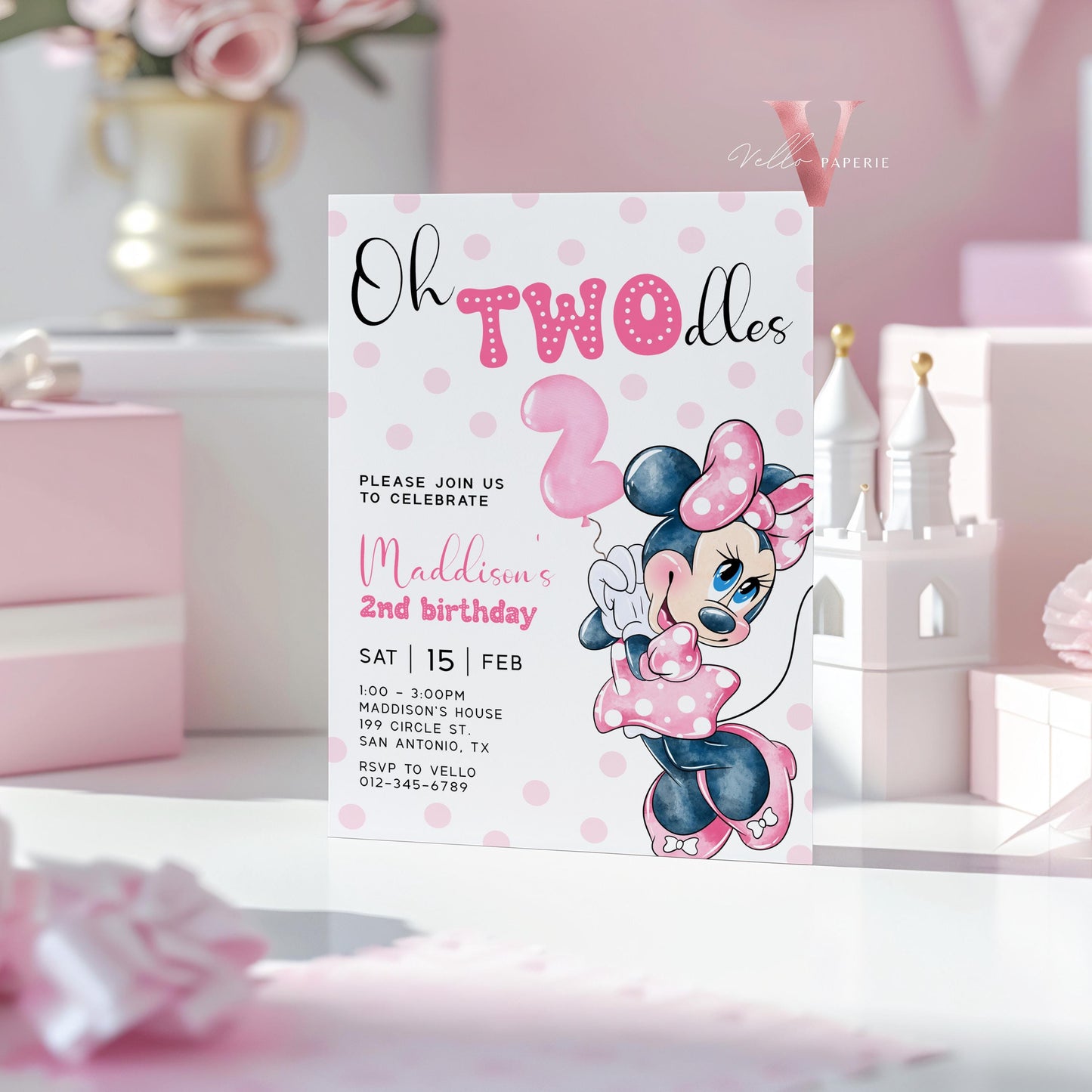 2nd Birthday, Oh TWOdles Minnie Mouse Birthday Invitation | Light Pink Polka Dot Invite 2year old Girl | Second Birthday MMB04