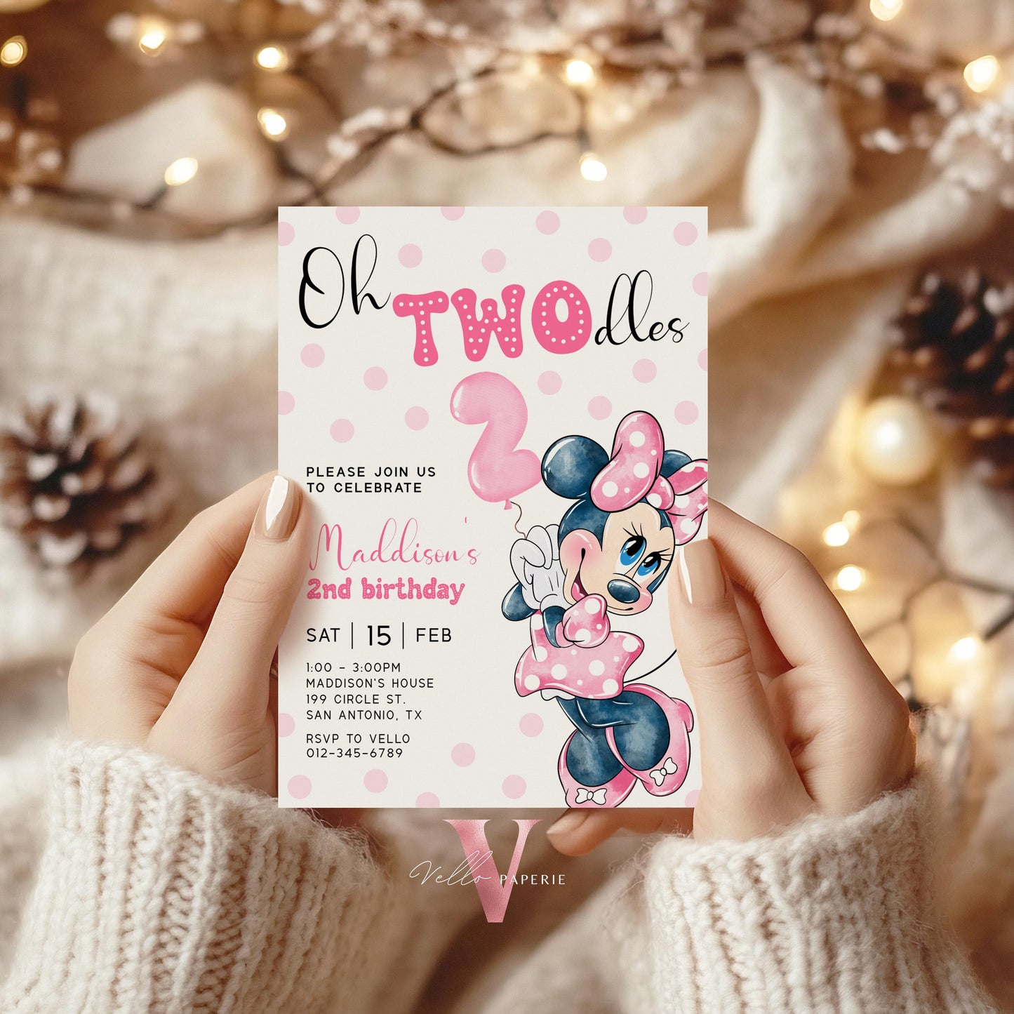 2nd Birthday, Oh TWOdles Minnie Mouse Birthday Invitation | Light Pink Polka Dot Invite 2year old Girl | Second Birthday MMB04