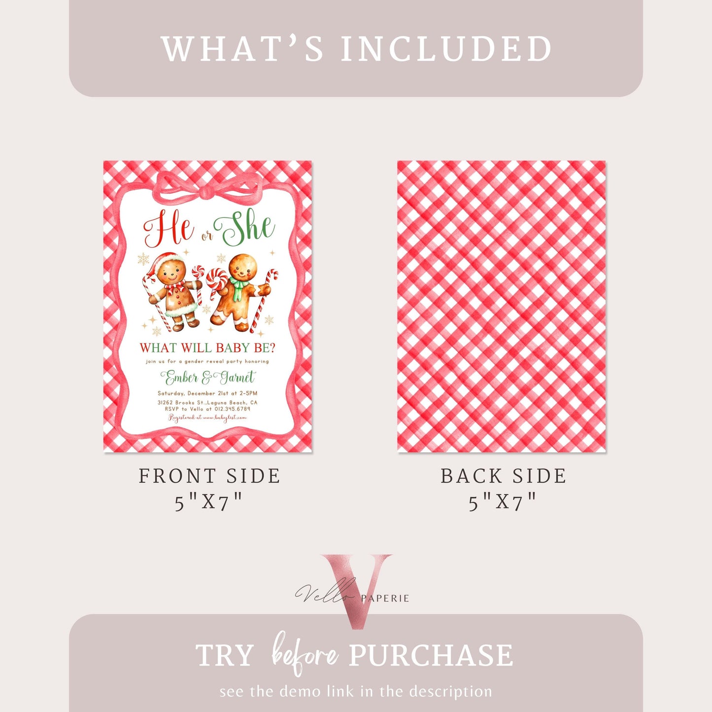 He or She Gingerbread Baby Shower Invitation | Winter Gender Reveal Cookie Baby Invite | Red Green Gingerbread Christmas Gingham CWBS01