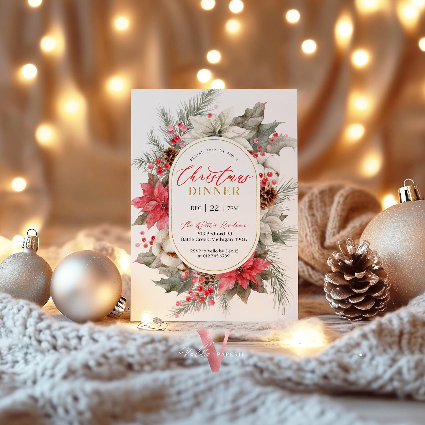 Classic Floral Christmas Dinner Invitation | Neutral Christmas Open House Invite | Modern or Rustic Red Winter Flower Friendsmas Party CHP01