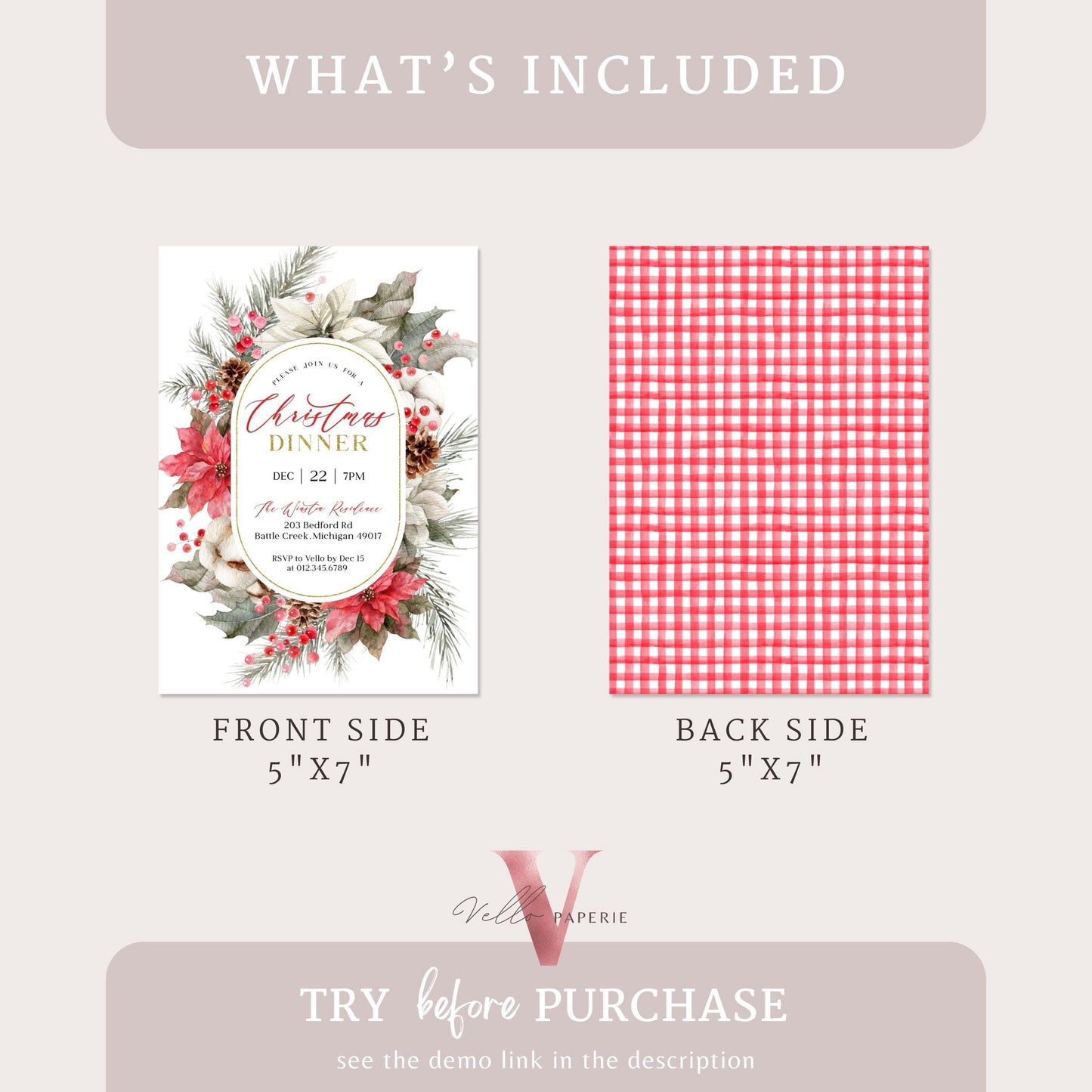 Classic Floral Christmas Dinner Invitation | Neutral Christmas Open House Invite | Modern or Rustic Red Winter Flower Friendsmas Party CHP01