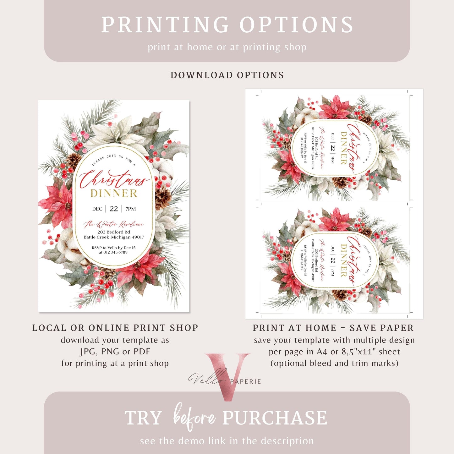 Classic Floral Christmas Dinner Invitation | Neutral Christmas Open House Invite | Modern or Rustic Red Winter Flower Friendsmas Party CHP01