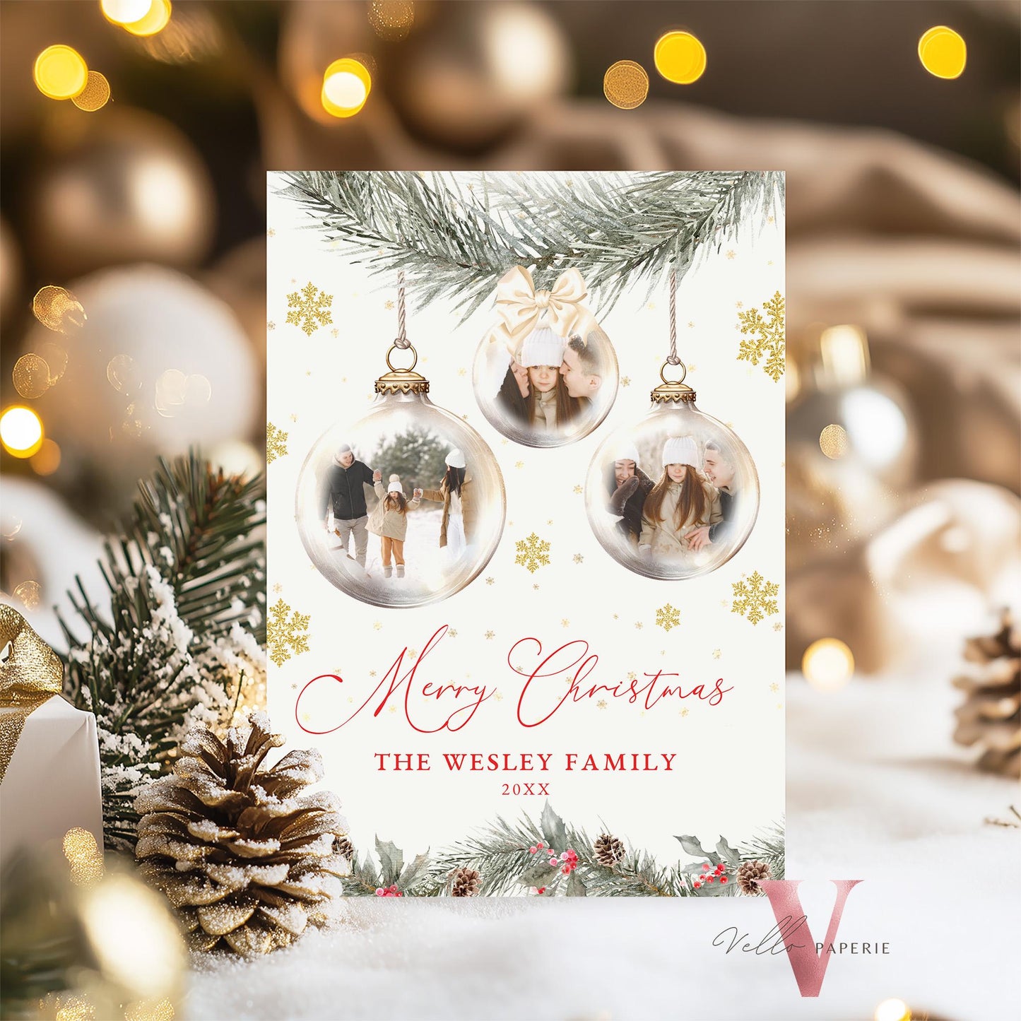 Printable 2Side Modern Photo Christmas Card Template | Neutral Beige Gold Photo Holiday Card | Botanical Christmas Bauble Winter Photo PCC12