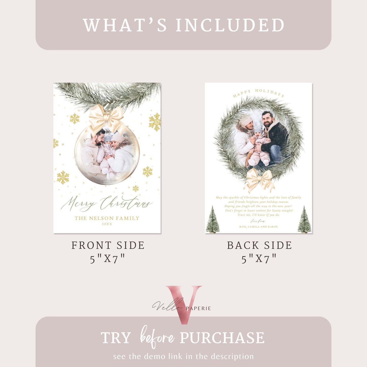 Printable 2Side Modern Photo Christmas Card Template | Neutral Beige Gold Photo Holiday Card | Botanical Christmas Bauble Winter Photo PCC12