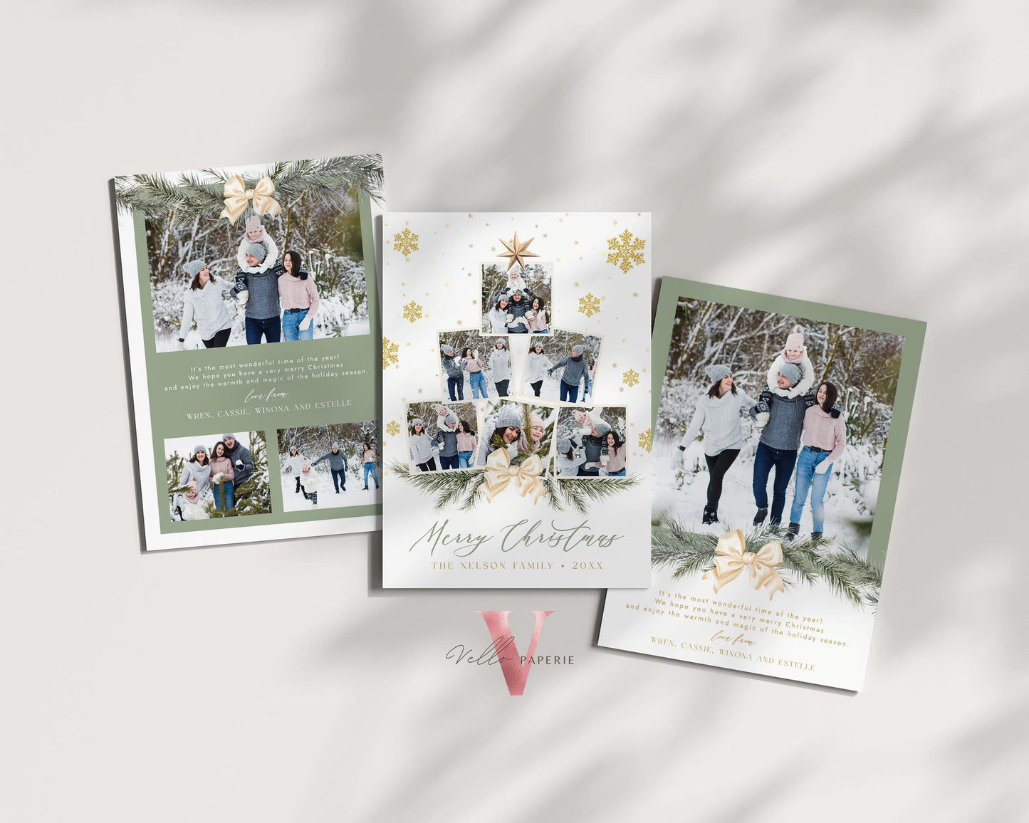 Printable 3 Designs Modern Christmas Tree Photo Collage | Botanical Photo Christmas Card Template | Winter Floral Photo Holiday Card PCC12