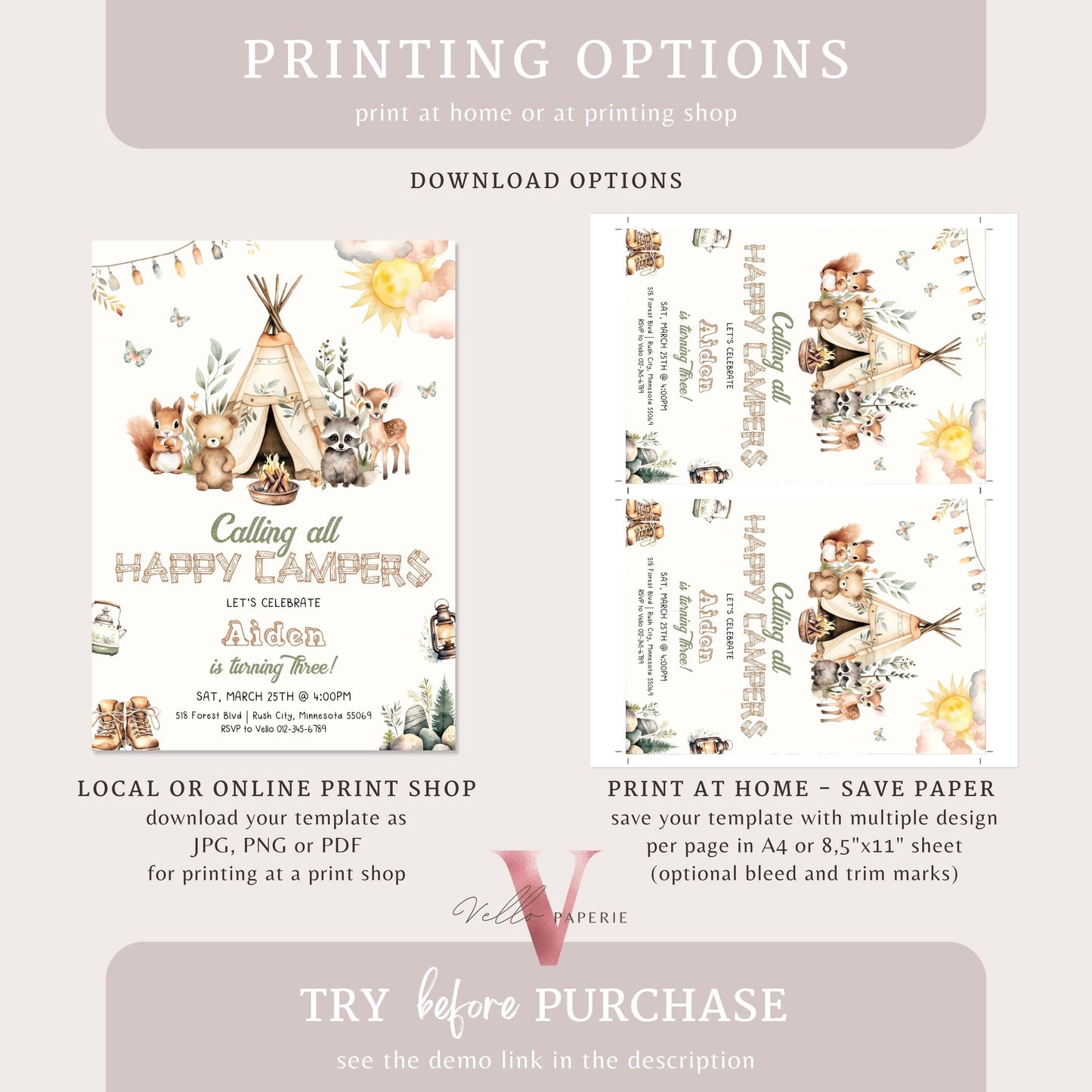 Calling All Happy Campers Invitation | BOHO Camping Birthday Invite | Adventure Forest Camp Birthday InvitR | Camper Backyard Bonfire Party