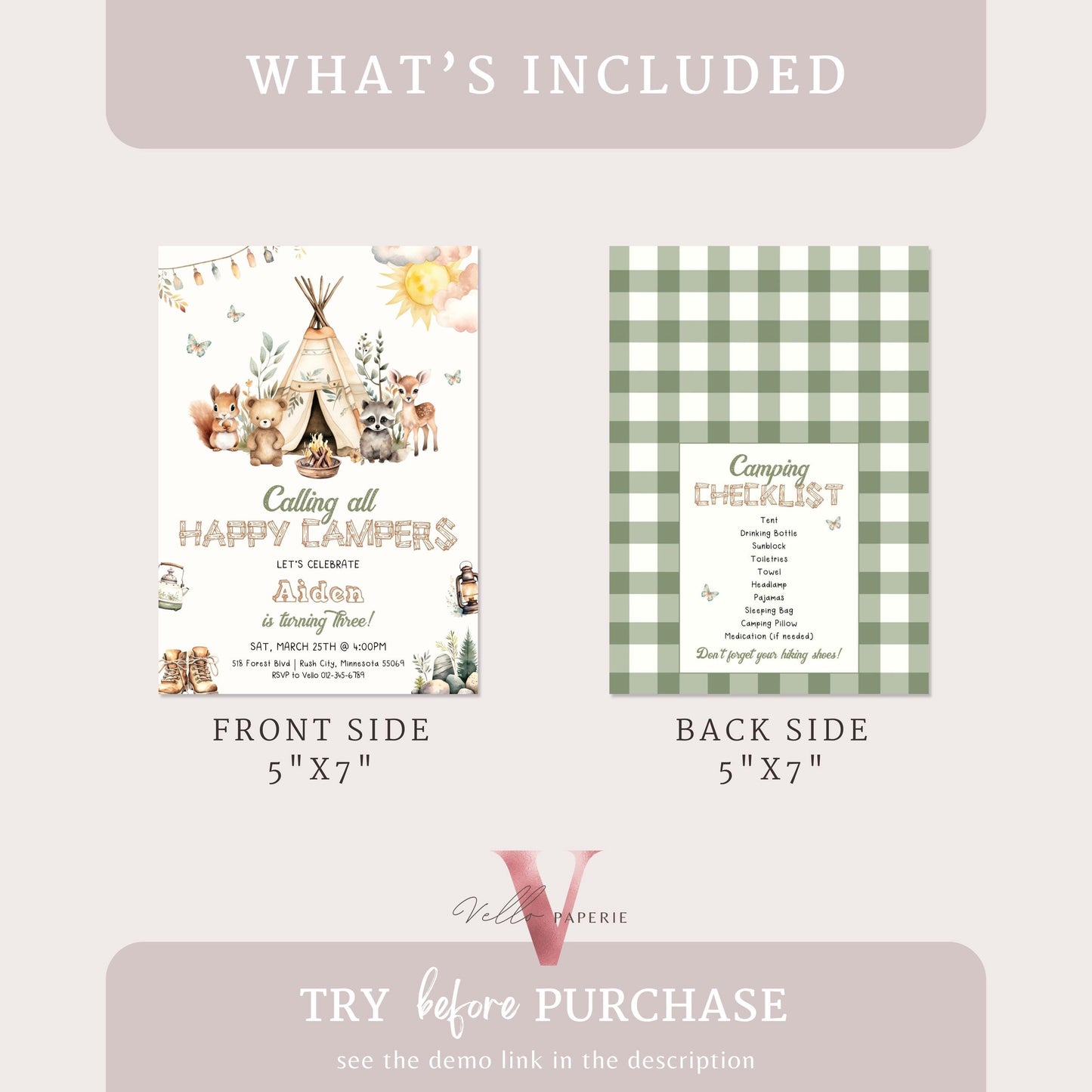 Calling All Happy Campers Invitation | BOHO Camping Birthday Invite | Adventure Forest Camp Birthday InvitR | Camper Backyard Bonfire Party