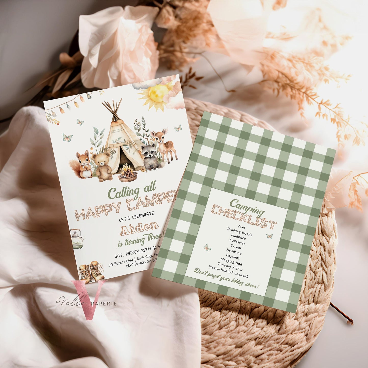Calling All Happy Campers Invitation | BOHO Camping Birthday Invite | Adventure Forest Camp Birthday InvitR | Camper Backyard Bonfire Party