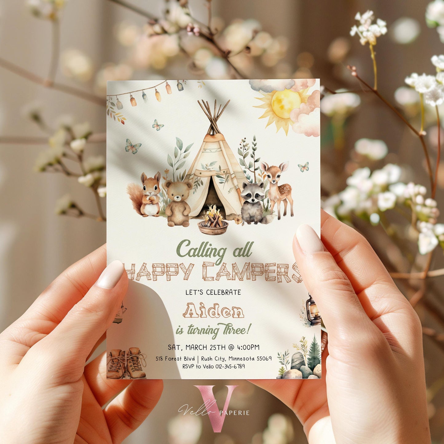 Calling All Happy Campers Invitation | BOHO Camping Birthday Invite | Adventure Forest Camp Birthday InvitR | Camper Backyard Bonfire Party