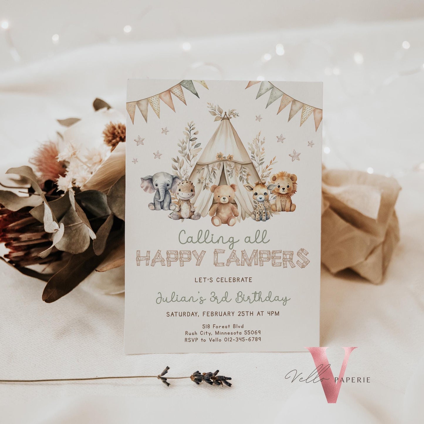 Calling All Happy Campers Invitation | BOHO Camping Birthday Invite | Adventure Forest Camp Birthday InvitR | Camper Backyard Bonfire Party
