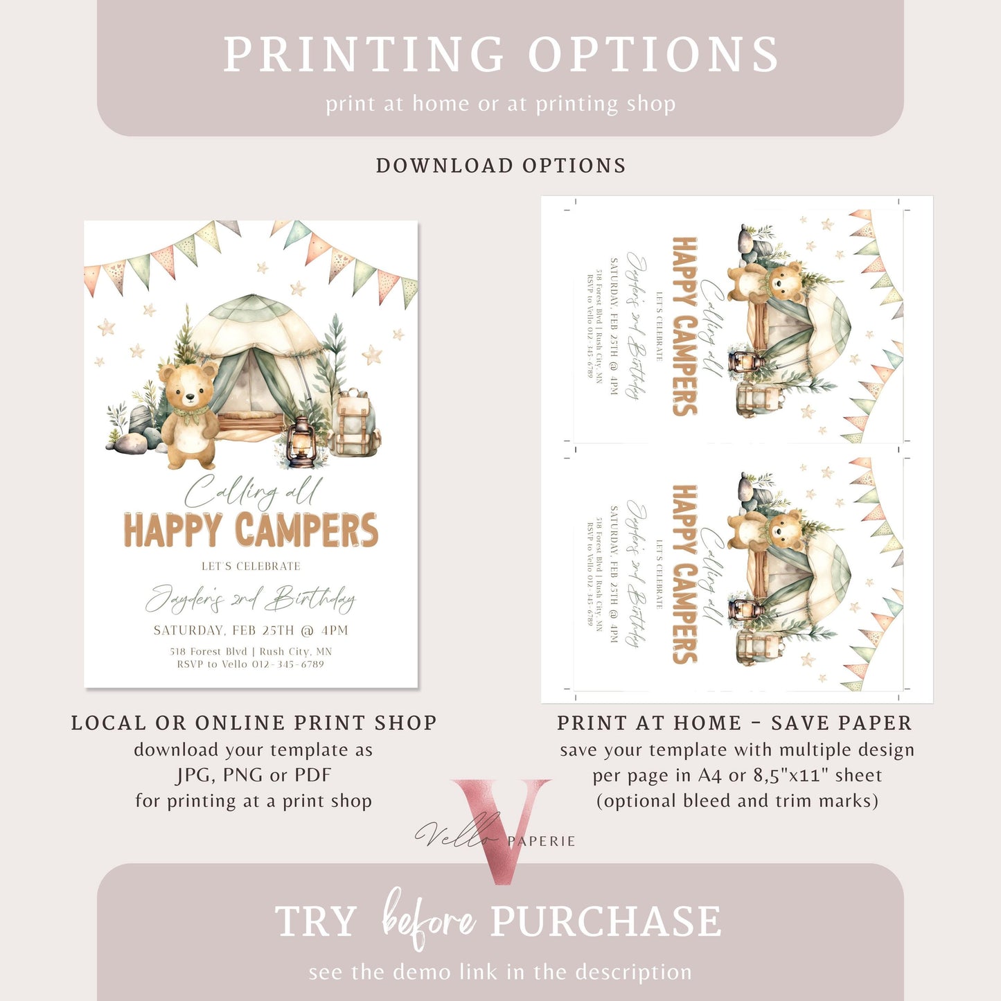 Calling All Happy Campers Invitation | Camping Birthday Invite | Adventure Forest Camp Birthday Invitation | Camper Backyard Bonfire Party