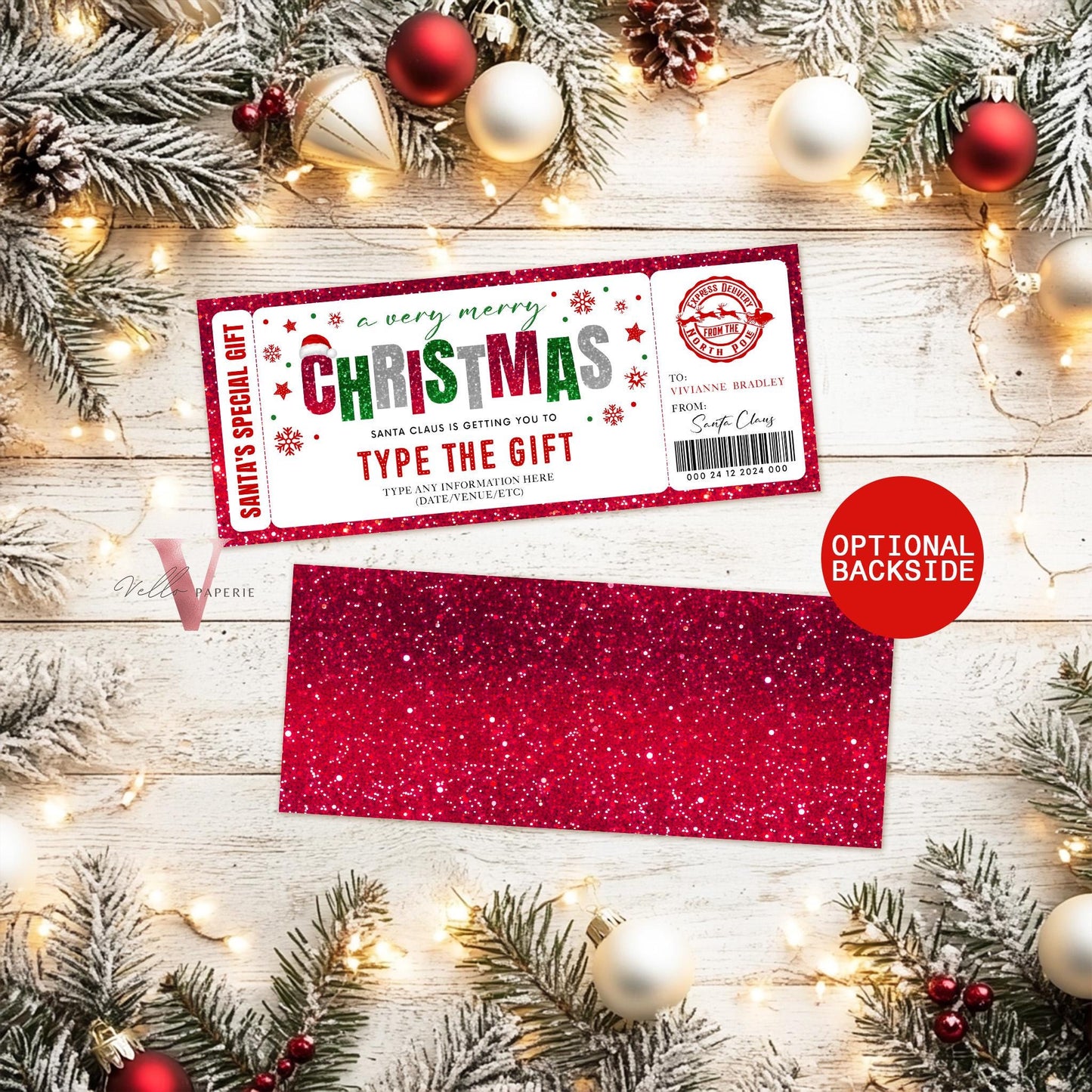 Editable Printable Glitter Santa Claus Gift Ticket | Merry Christmas ANY GIFT, Surprise Reveal Ticket | Red Green North Pole Gift CBP12