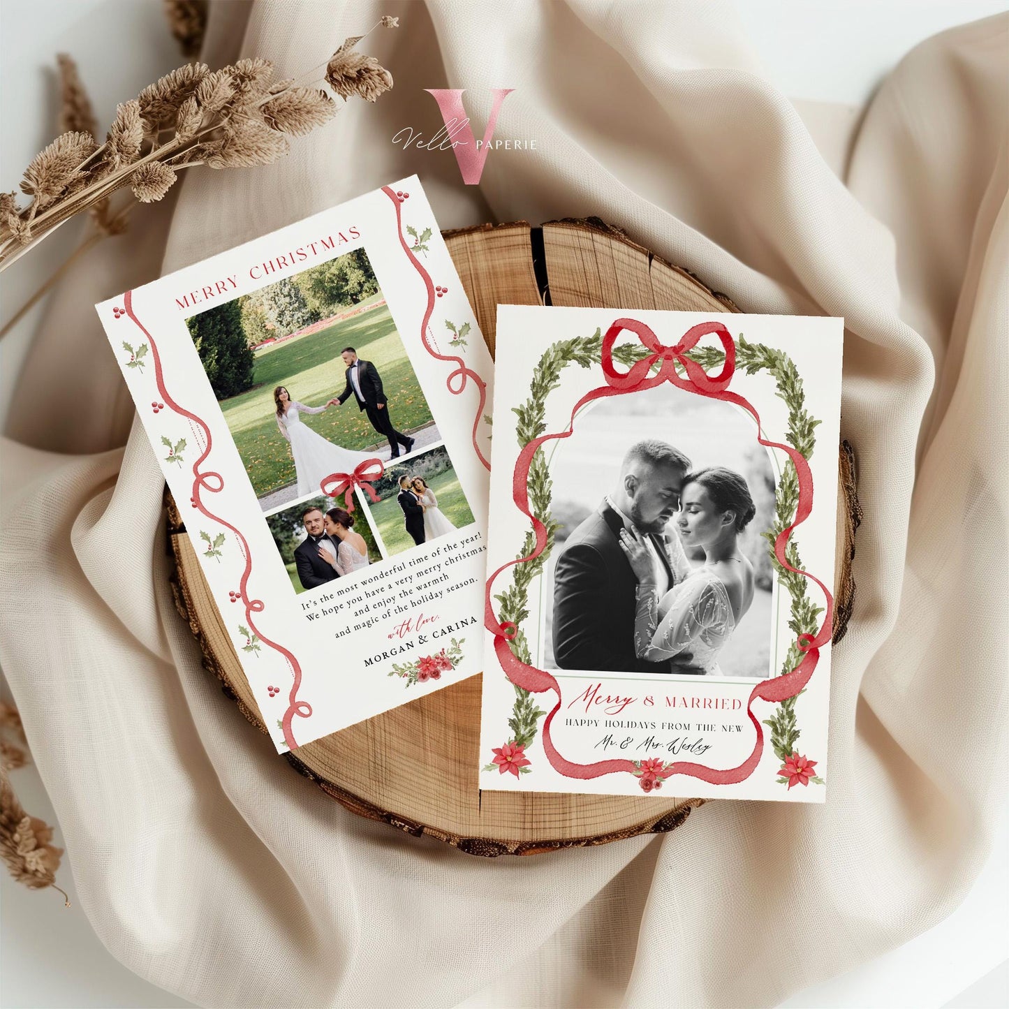 Merry and Married Christmas Photo Card | Newlywed Holiday Card | Red Bow Minimalist Christmas Photo Card | Merry and Bright Couple MMC12
