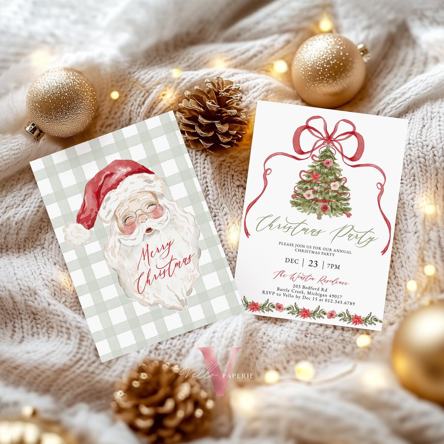 Editable Grandmillenial Christmas Party Invitation | Christmas Tree Open House Invite | Red Bow, Watercolor Santa, Friendsmas Party GMC12