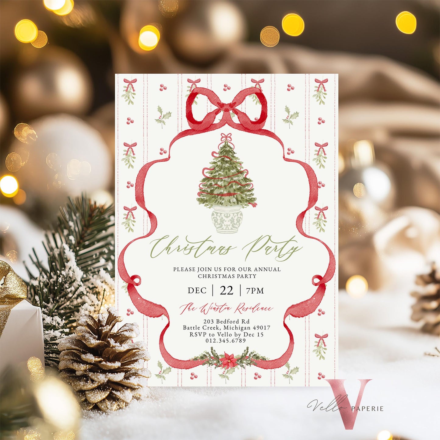 Editable Grandmillenial Christmas Party Invitation | Santa Christmas Open House Invite | Red Bow Christmas Tree, Friendsmas Party GMC12