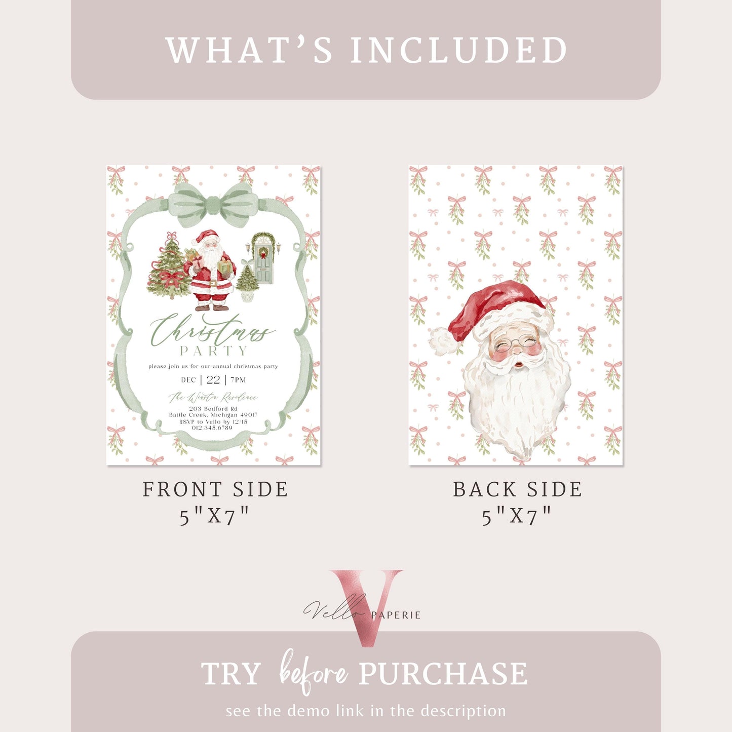 Editable Grandmillenial Christmas Party Invitation | Neutral Christmas Open House Invite | Bow Watercolor Santa, Friendsmas Party GMC12
