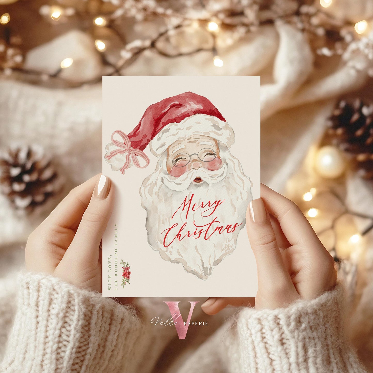 Editable Printable Grandmillenial Christmas Greetings Card | Watercolor Merry Christmas Card Template | Santa and Wreath Holiday Card BCPF1