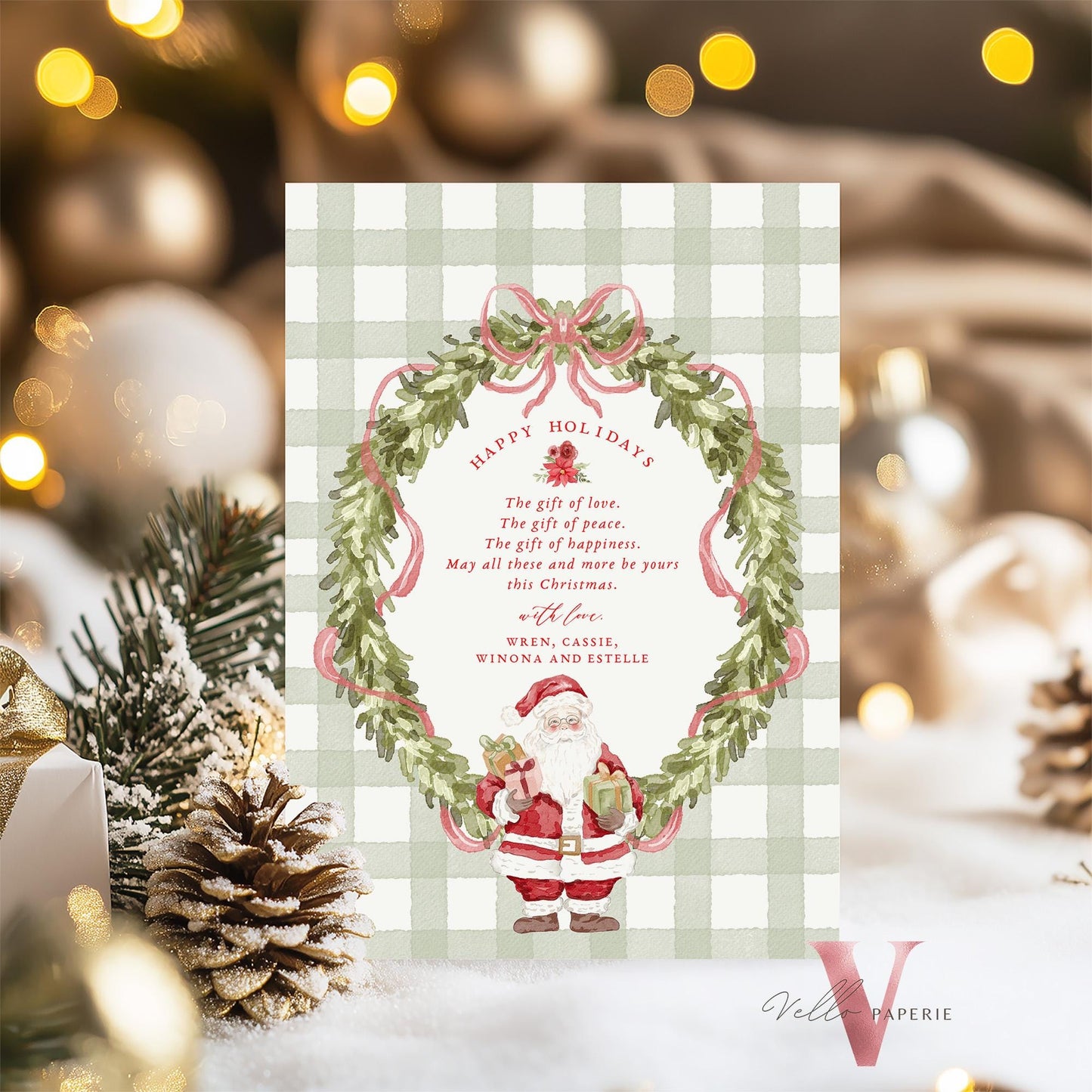 Editable Printable Grandmillenial Christmas Greetings Card | Watercolor Merry Christmas Card Template | Santa and Wreath Holiday Card BCPF1