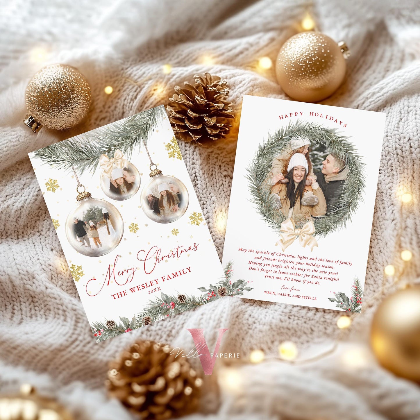Printable 2Side Modern Photo Christmas Card Template | Neutral Beige Gold Photo Holiday Card | Botanical Christmas Bauble Winter Photo PCC12