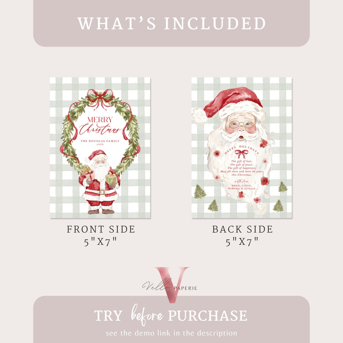 Editable Printable Grandmillenial Christmas Greetings Card | Watercolor Merry Christmas Card Template | Santa and Wreath Holiday Card BCPF1