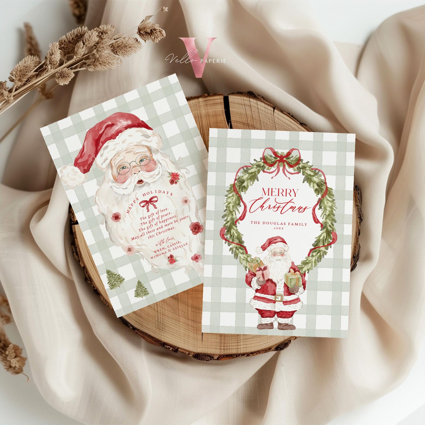 Editable Printable Grandmillenial Christmas Greetings Card | Watercolor Merry Christmas Card Template | Santa and Wreath Holiday Card BCPF1