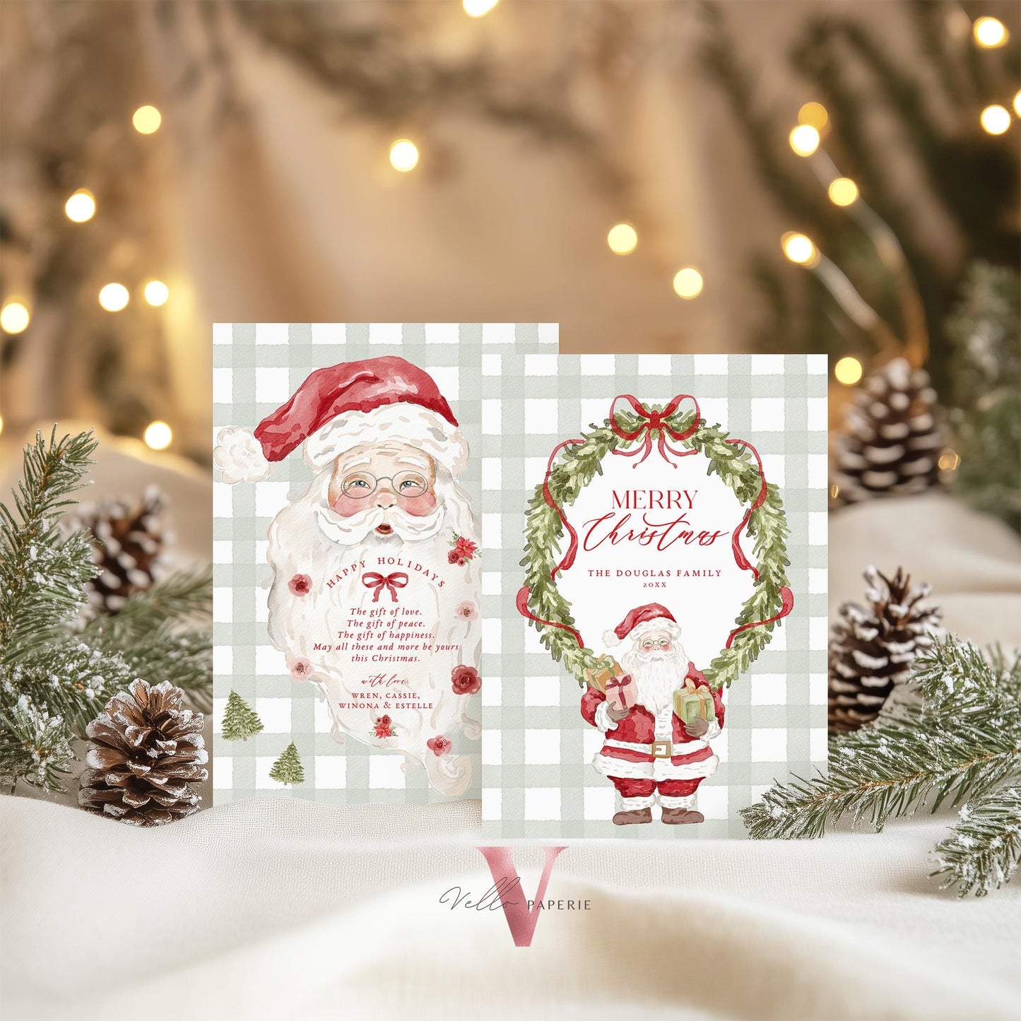 Editable Printable Grandmillenial Christmas Greetings Card | Watercolor Merry Christmas Card Template | Santa and Wreath Holiday Card BCPF1